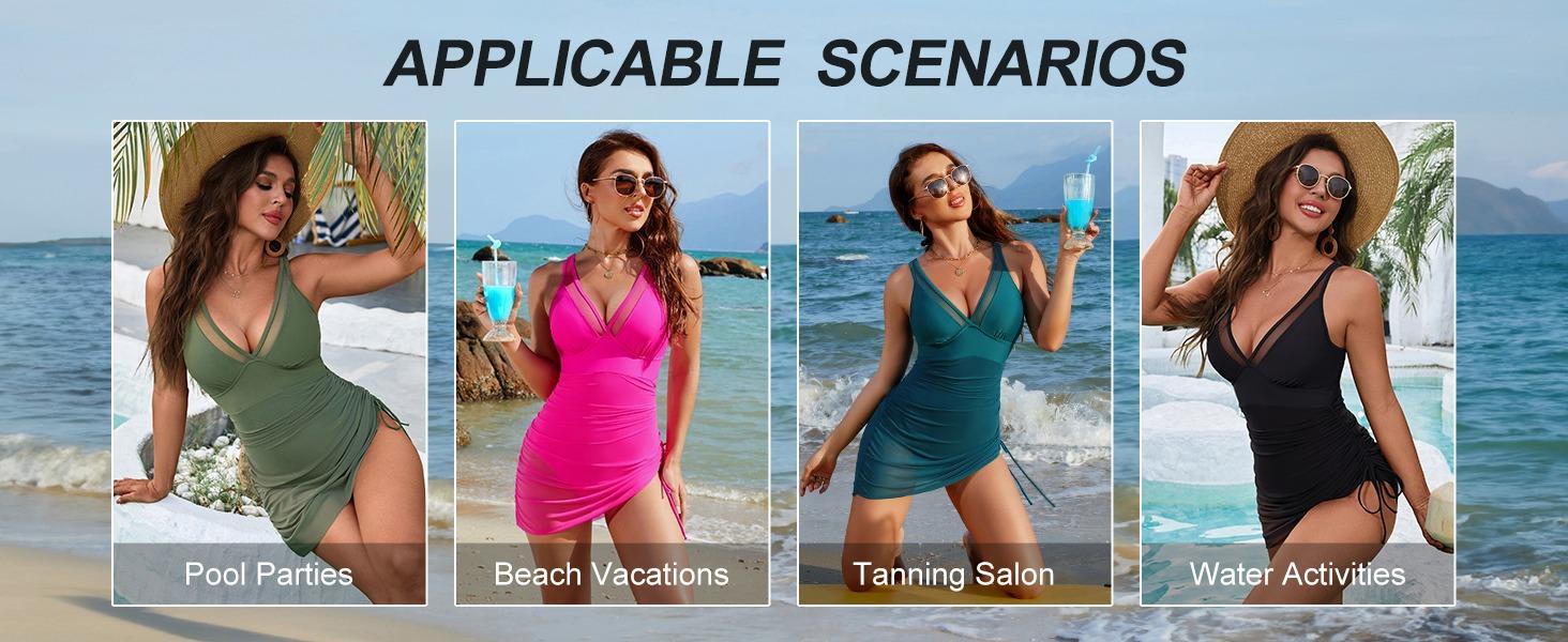 Women's Tummy Control One Piece Swim Dress Slimming Mesh Sheer Sarong Wraps Bathing Suit Modest V Neck Cut Out Swimsuit for Women 2026 - Womenswear Overalls Sleeveless Maternity Square rompers jumpsuit eyelet Rhinestone Off-Shoulder backless