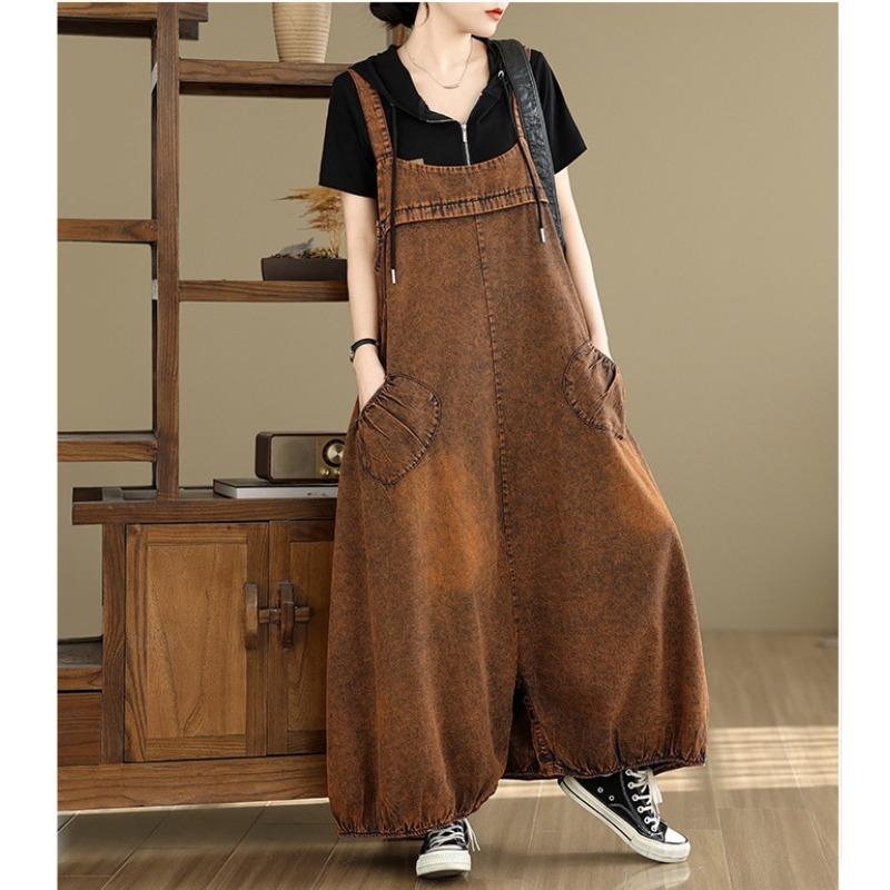 Women's Denim Overalls Long Pants Harem Pants Dropped Crotch Denim Jumpsuit Culottes