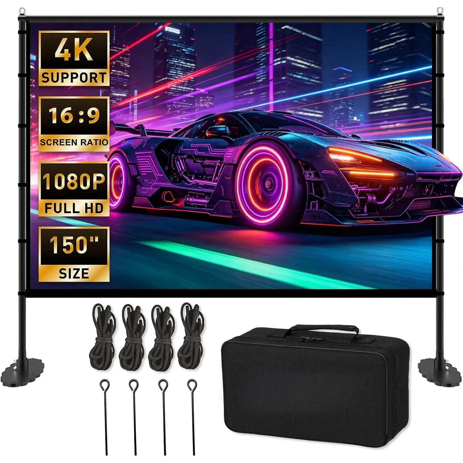150 inch Projector Screen with Stand, 16:9 4K  Portable Outdoor Movie Screen, Wrinkle-Free Foldable Indoor Projection Screen with Carry Bag & Ground Nails for Backyard Cinema  Theater