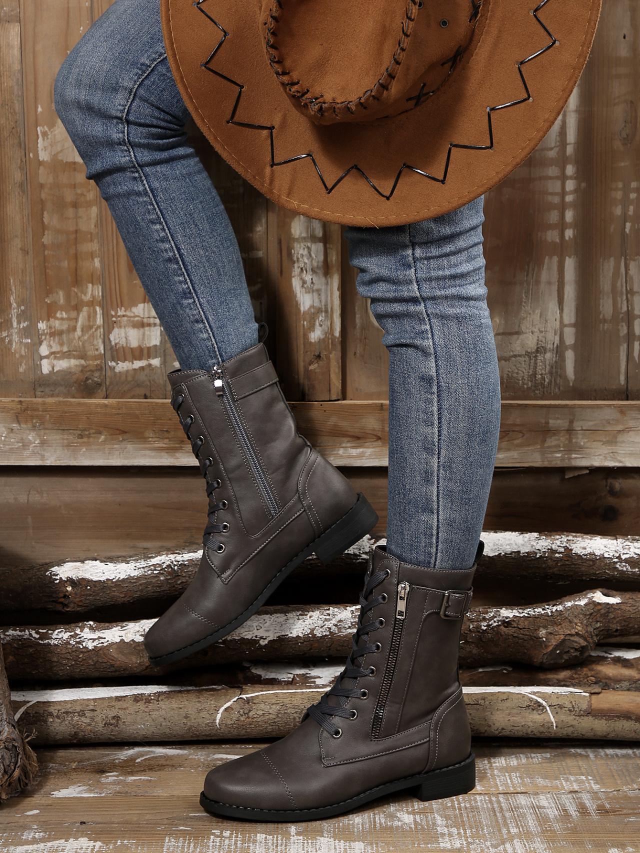 British Vintage Women's Autumn/Winter New Style  Fashion Chunky Heel Comfortable Side Zipper Solid Color Belt Decorated Ankle Boots, Women Shoes