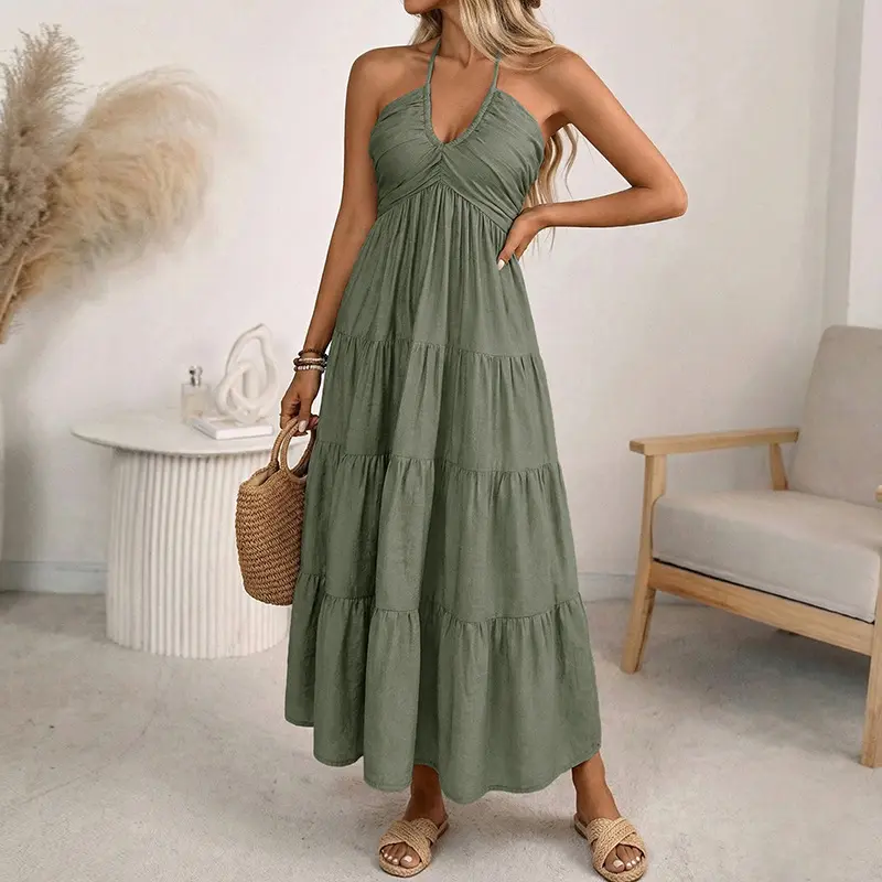 Women's Solid Halter Maxi italian  Dress - Sleeveless Ruched Backless Loose Fit Casual Gown for Spring Summer Holidays Vacation Dress