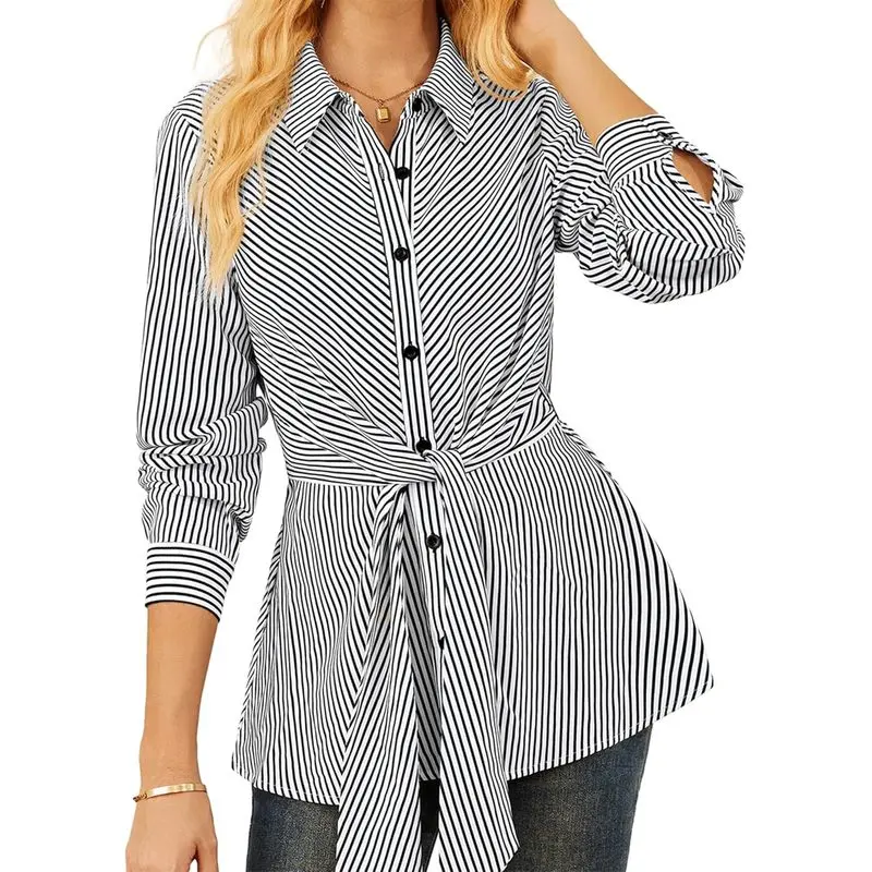 Peplum Tops for Women Tie Front Striped Button Down Shirt Collared Long Sleeve Business Casual Work Office Blouse