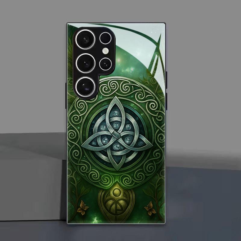 Mysterious Celtic Emerald Rune Black Tempered Glass Case, Suitable for Samsung Galaxy S26 S25 S24 S23 S22Pro S21 S20 Fe Plus Ultra Pro A56 A55 A54 A53 A52 A51 A36 A35 A34 A32 A26 A25 A24 A23 A16 A15 A14 A06 A05 A03s