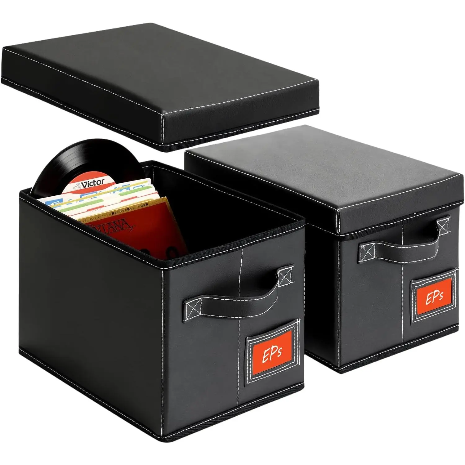 2-Pack 7-Inch Vinyl Record Storage Boxes – Black Faux Leather Record Holder & Case with Lid – Compact Storage Crate for Singles, EPs, Vinyl Rolls, and Accessories