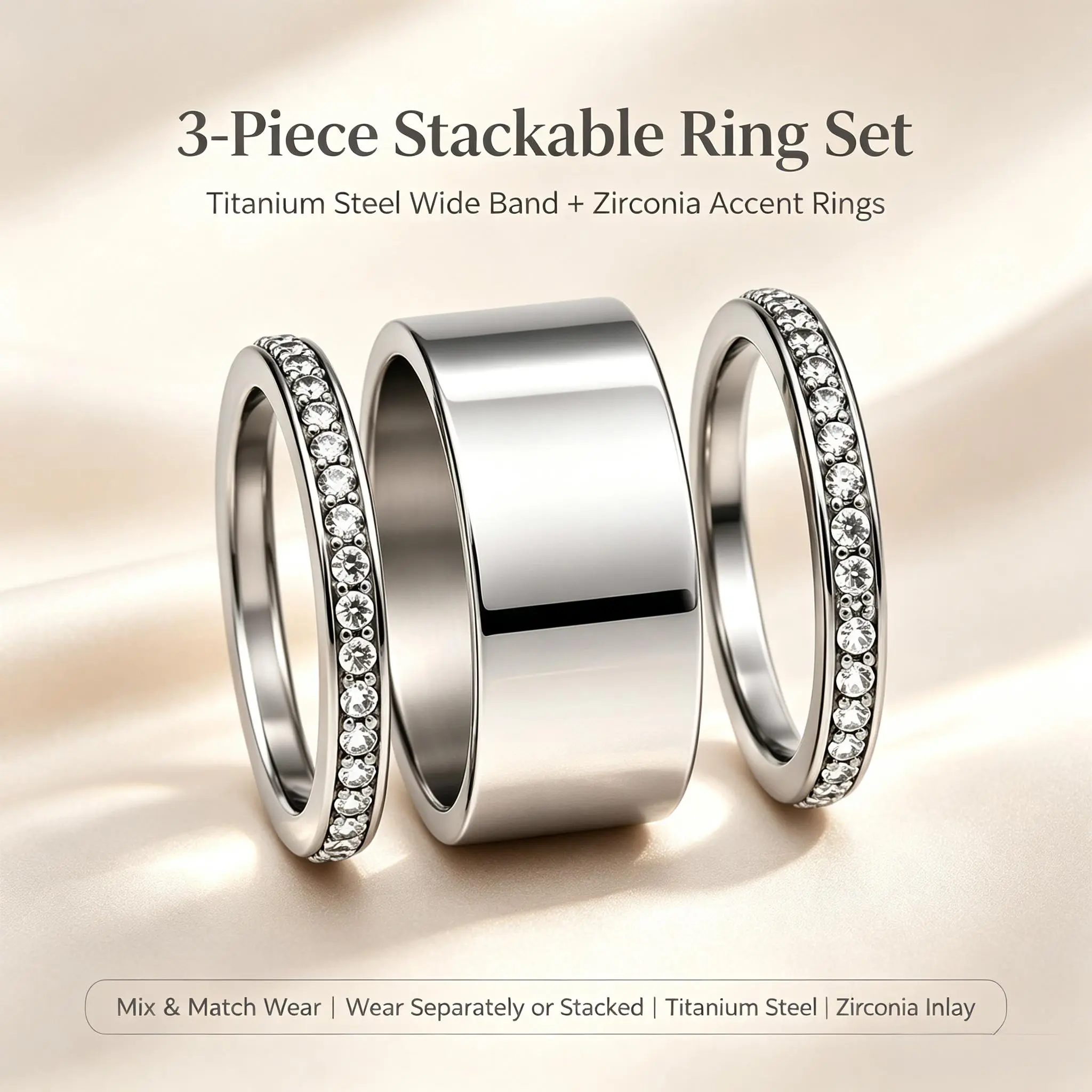 Unisex 3-Pack Minimalist Stackable Rings, Titanium Steel Alloy Cubic Zirconia Simulated Diamond Rings, Ideal for Engagement Promise Occasions, Women's Gift Option