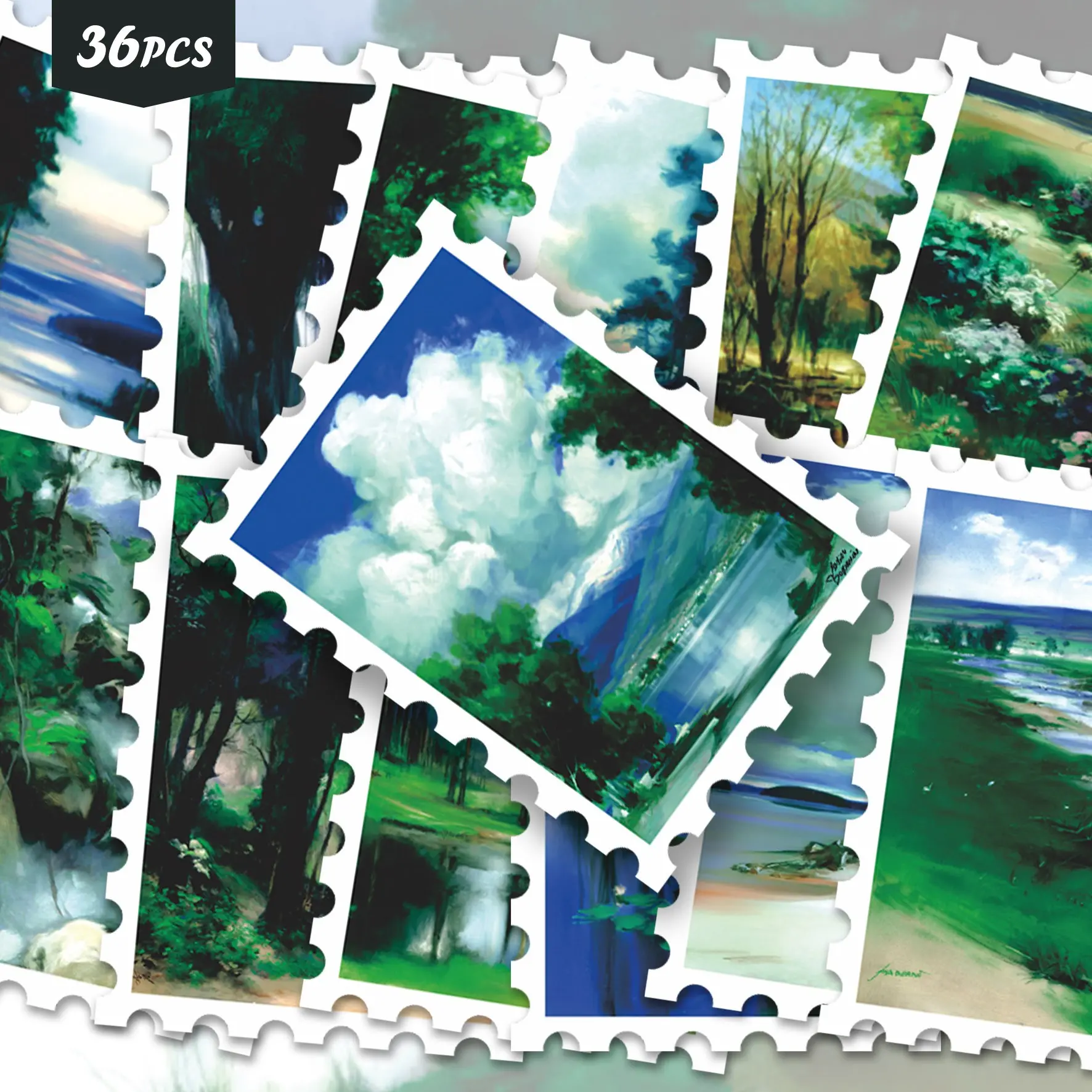 36 Pcs Fresh Green Forest Lake Oil Painting Vinyl Stickers Pack | Natural Rural Tree Floral Landscape Border Art Decals | For Laptop, Water Bottle, Notebook, Luggage & Gift Decor | For Nature & Scrapbook Hobby Collectors