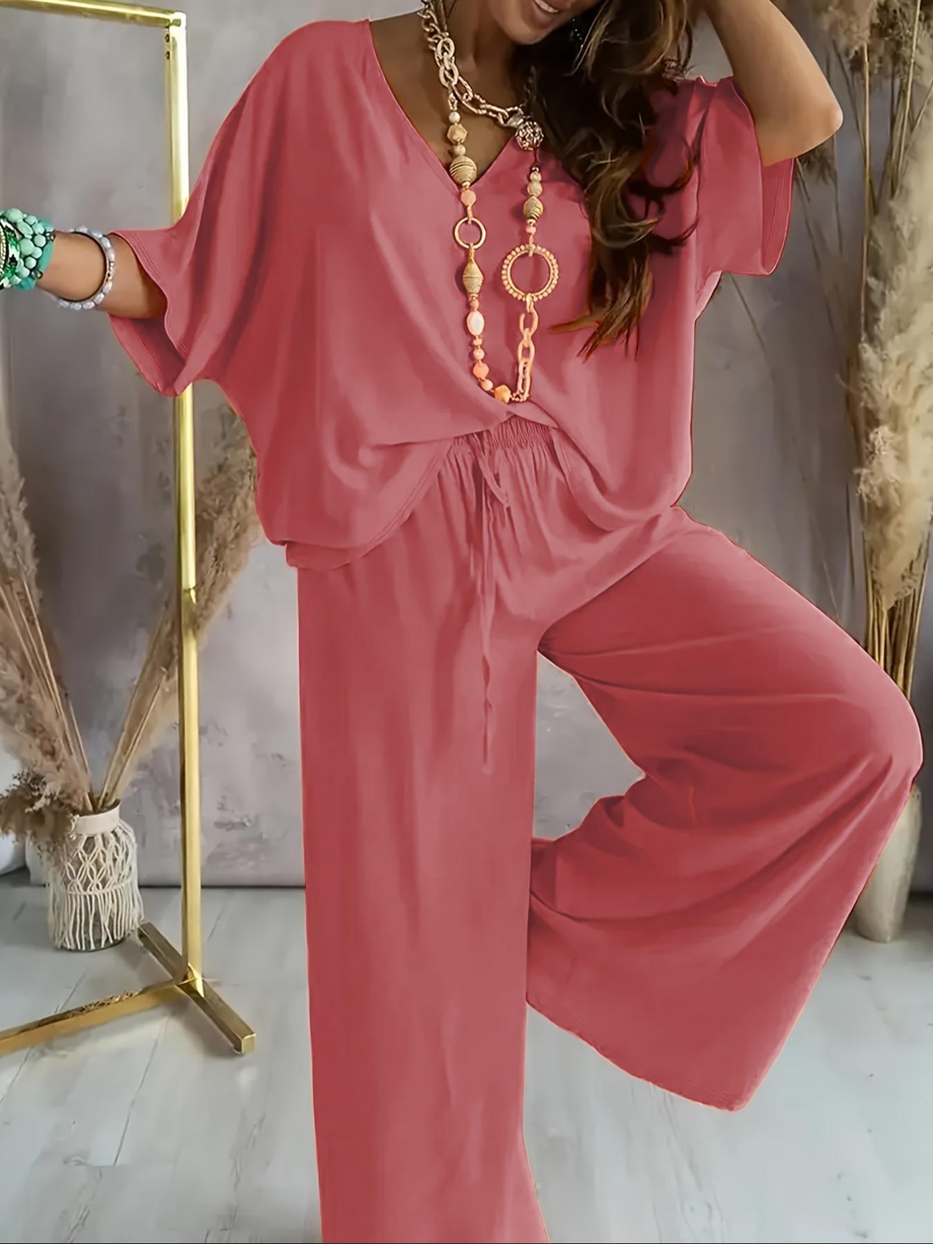 Women's Solid V Neck Tee & Wide Leg Pants Loungewear Two-Piece Set, Casual Comfy Short Sleeve T-Shirt & Trousers PJ Set, Ladies Sleepwear for Summer, Pajamas Set