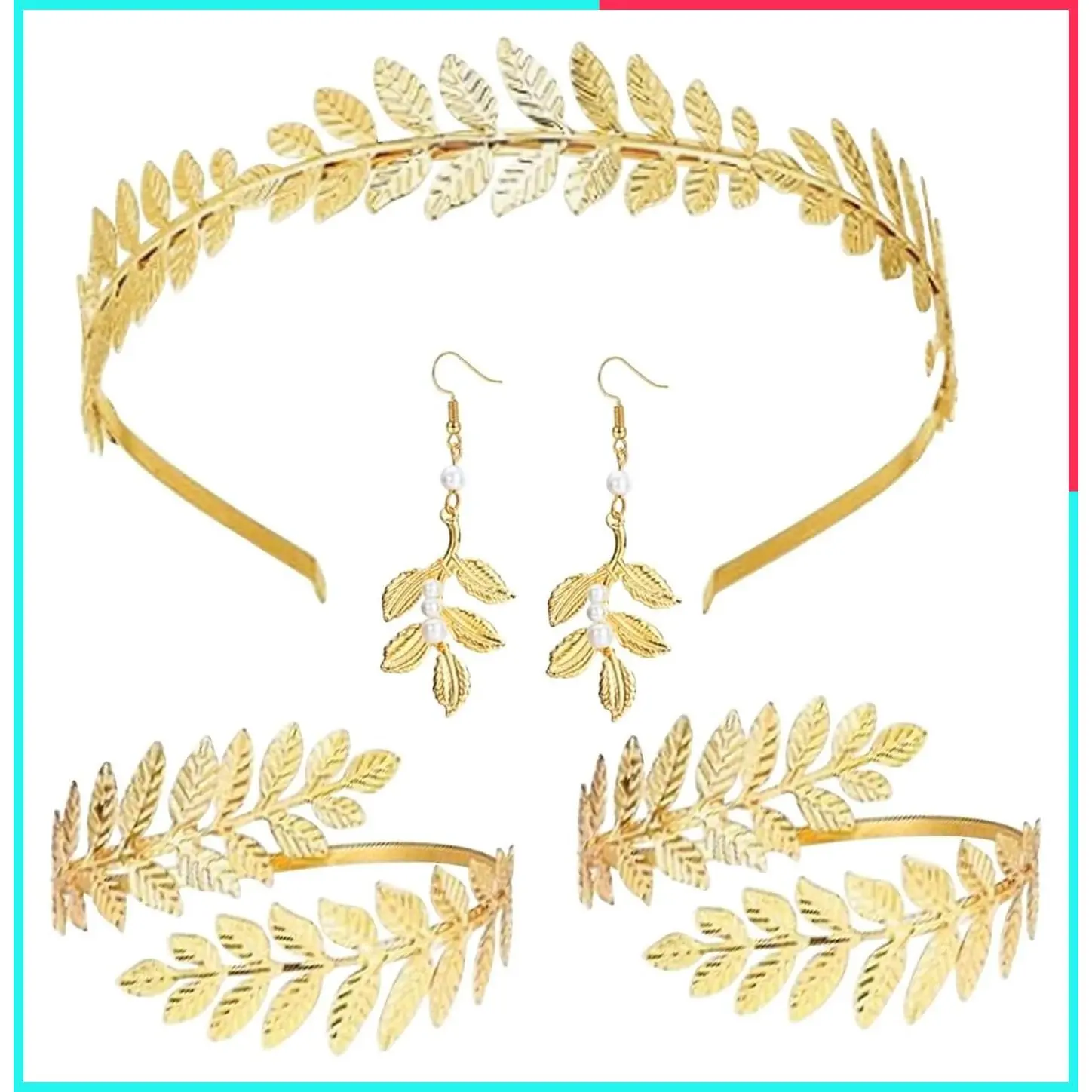 5Pcs Greek Goddess Costume Accessories Set Golden Leaf Crown Headband, Upper Armband, Bracelets & Dangle Earrings for Women Bridal Wedding Headpiece