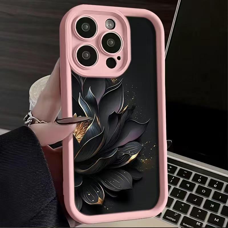Aesthetic Black Gold Lotus iPhone Case for iPhone 17 16 Pro Max 15 Pro 14, Luxury Full Protection Shockproof Cover, Trendy Floral Phone Case