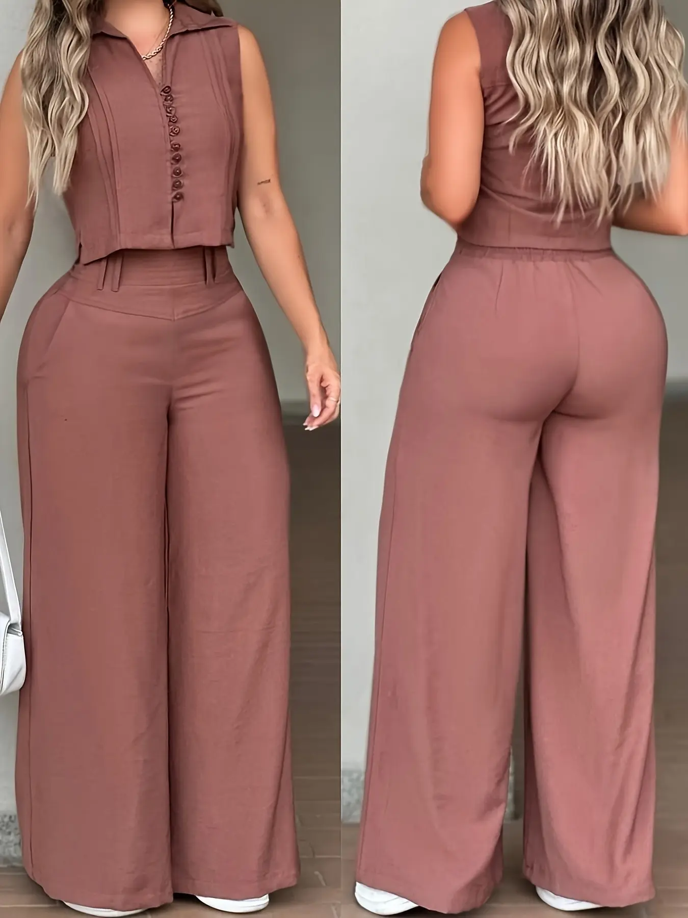 New Summer Women's Slimming Sleeveless Top + High Waist Wide Leg Casual Fashion Long Pants Set, Two-Piece for Spring and Summer