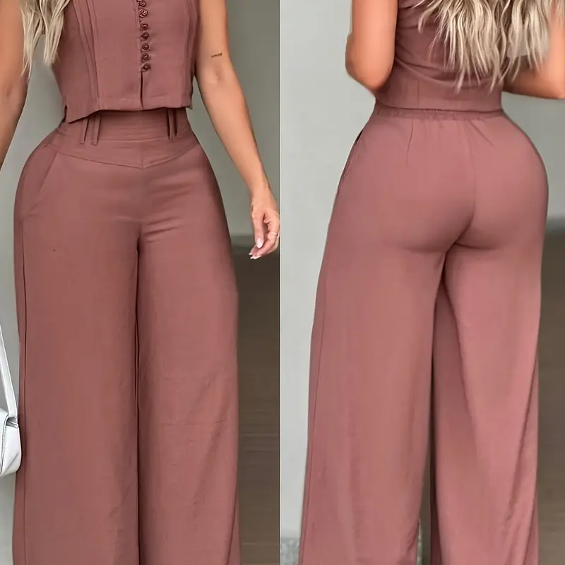 New Summer Women's Slimming Sleeveless Top + High Waist Wide Leg Casual Fashion Long Pants Set, Two-Piece Clothes for Spring and Summer