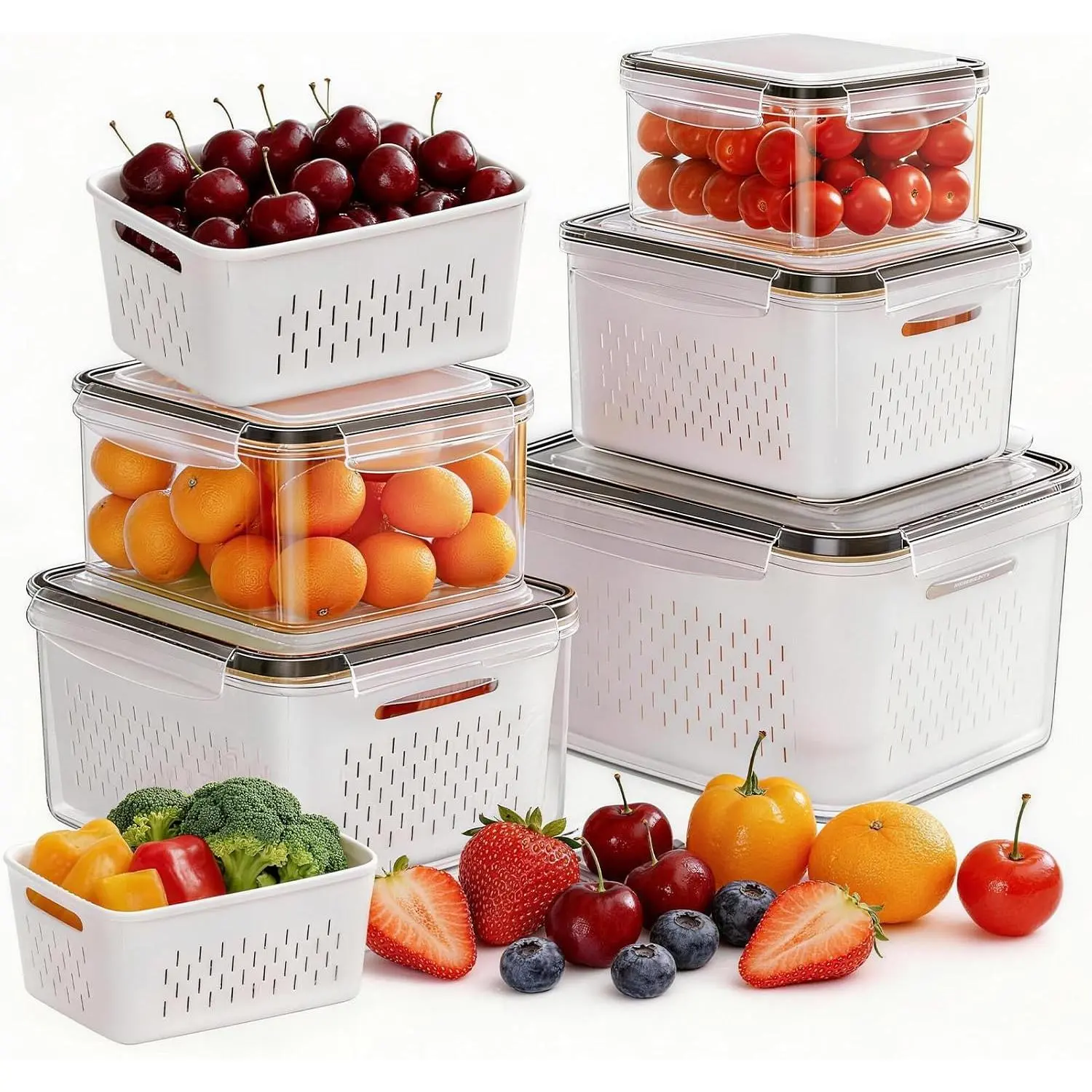 5 Pack Fruit Storage Containers for Fridge, Plastic Fruit Containers for Fridge with Removable Colanders, Leakproof Fridge Organizers and Storage for Berry Vegetable Salad Lettuce Meat Food