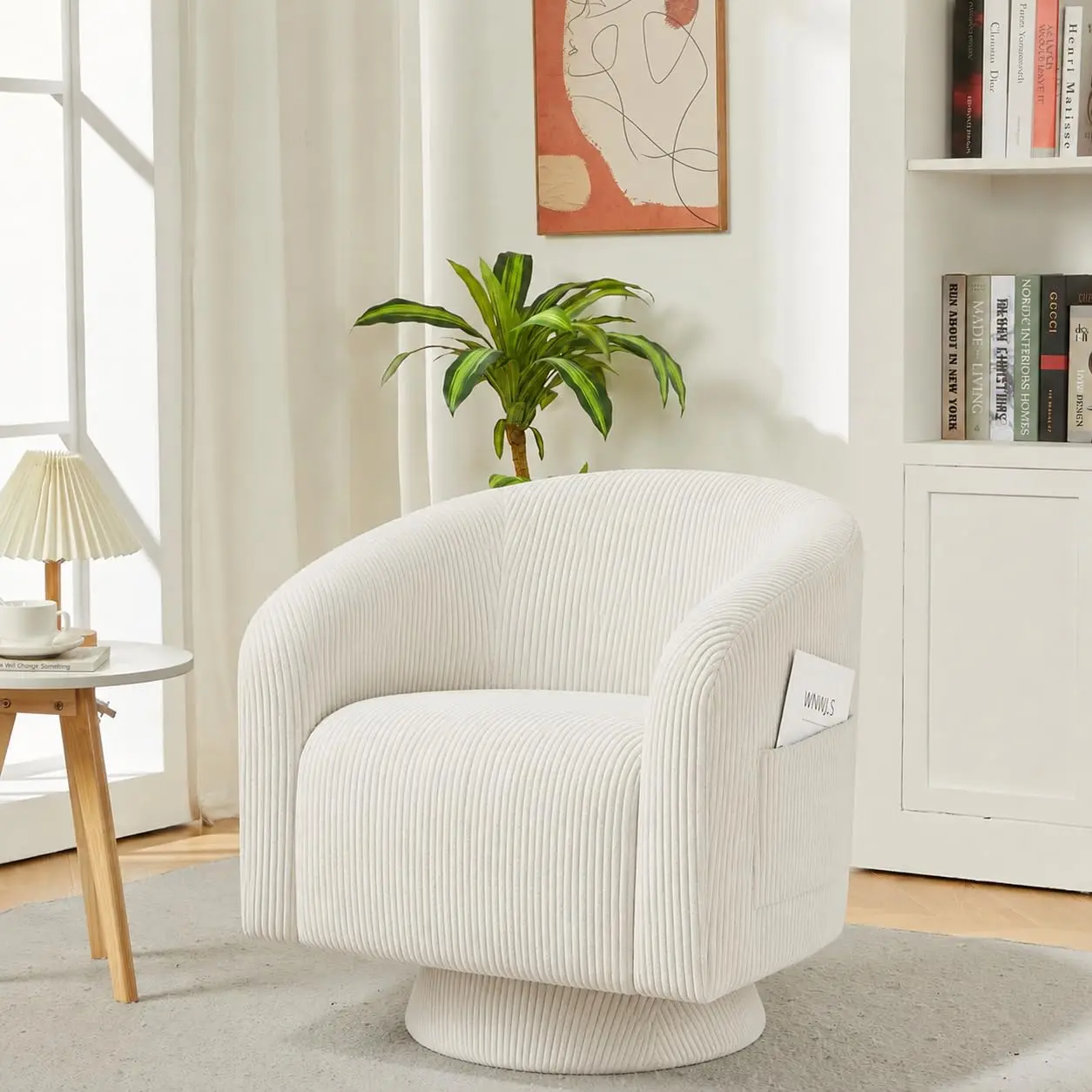 Corduroy Upholstered Swivel Barrel Accent Chair with 360-Degree Swivel & Engineered Wood Base, Round Armchair for Living Room, Bedroom & Reading Room