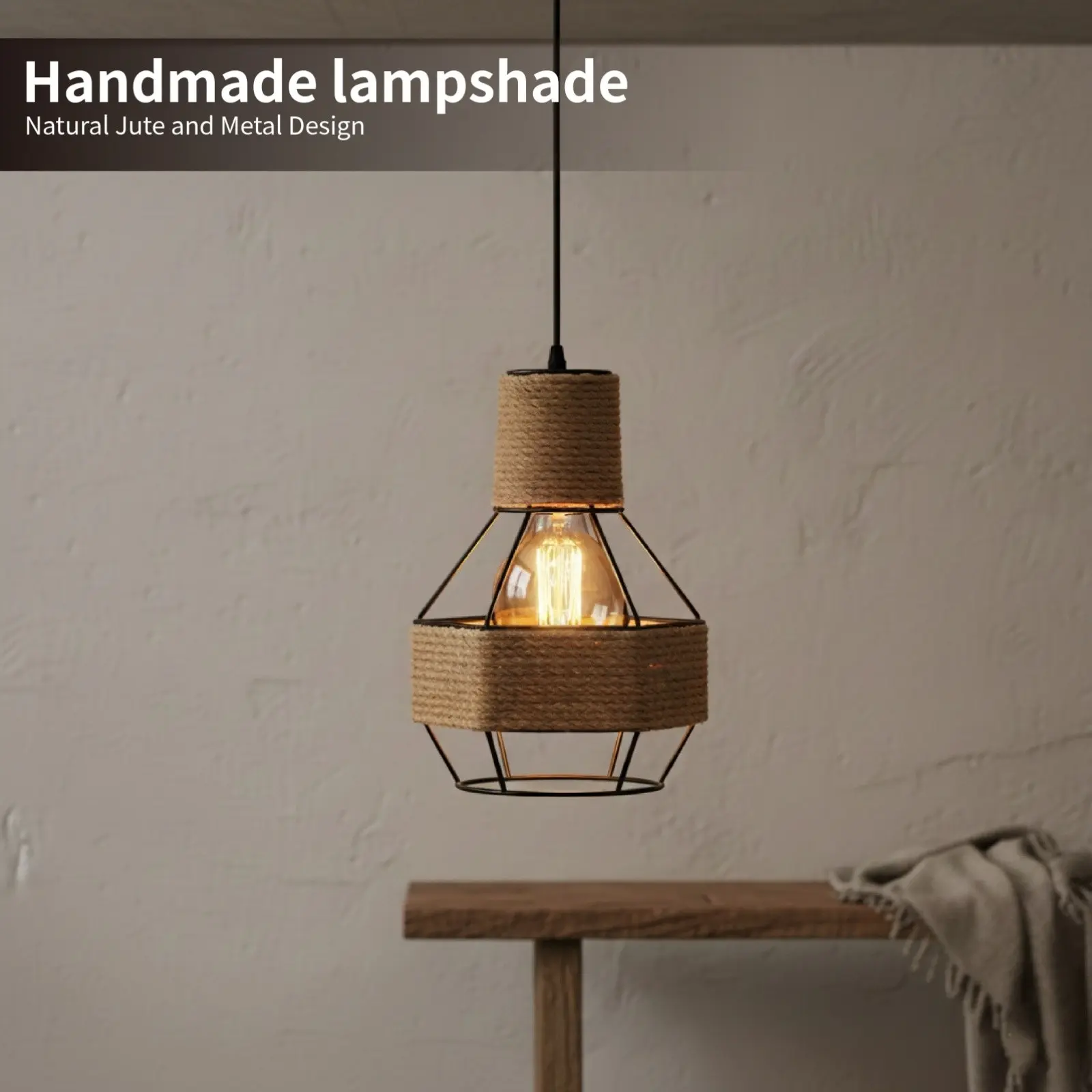 Vintage Conical Pendant Light, Natural Hemp Rope and Metal Cage Shade, Perfect for Cozy Home and Cafe Wall or Island Decor, Lighting Fixtures