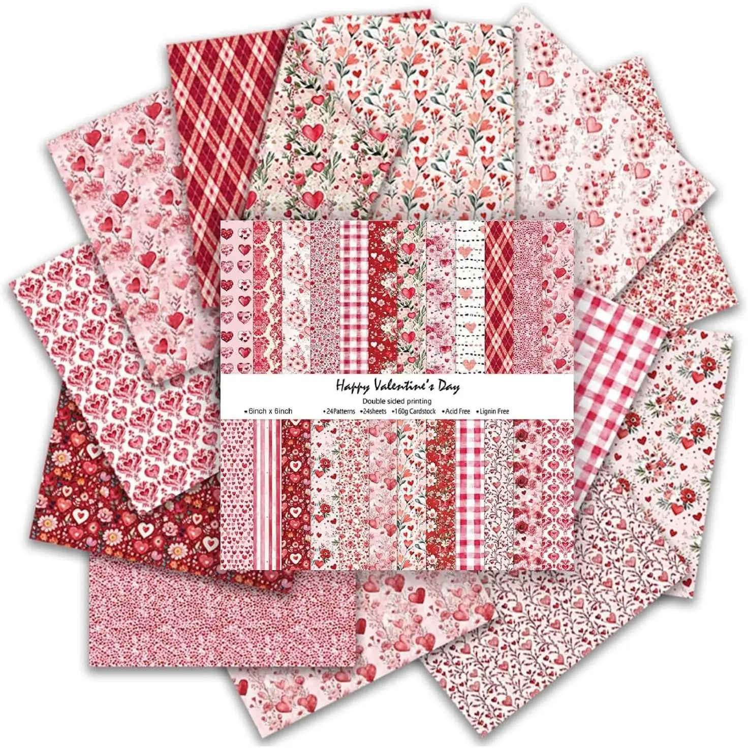 Valentines  Paper Double Sided Decorative Scrapbook Craft Paper,Heart Red  Cardstock for Valentines Craft Supplies Card Making Scrapbooking (12 Design,24 Sheet,6 x 6 Inch)