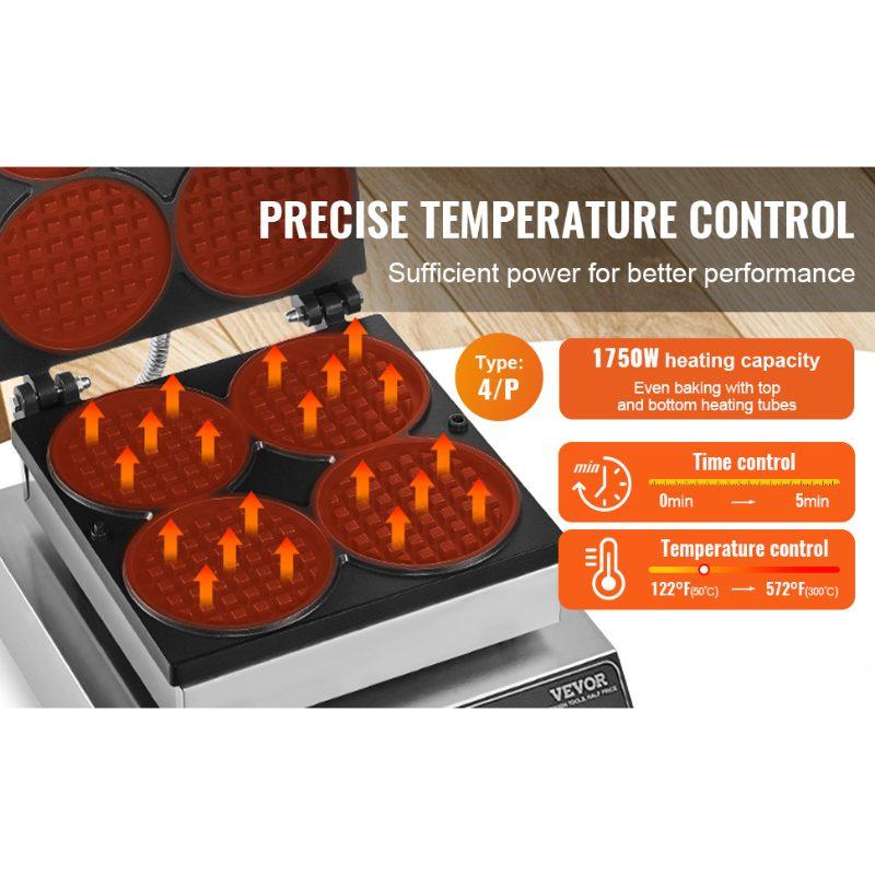 VEVOR Commercial Waffle Maker, 4PCS Round Waffle Baker Machine, 1750W Non-Stick Stainless Steel Belgian Waffle Iron with Temperature and Time Control, for Restaurant Bakery Snack Bar Family