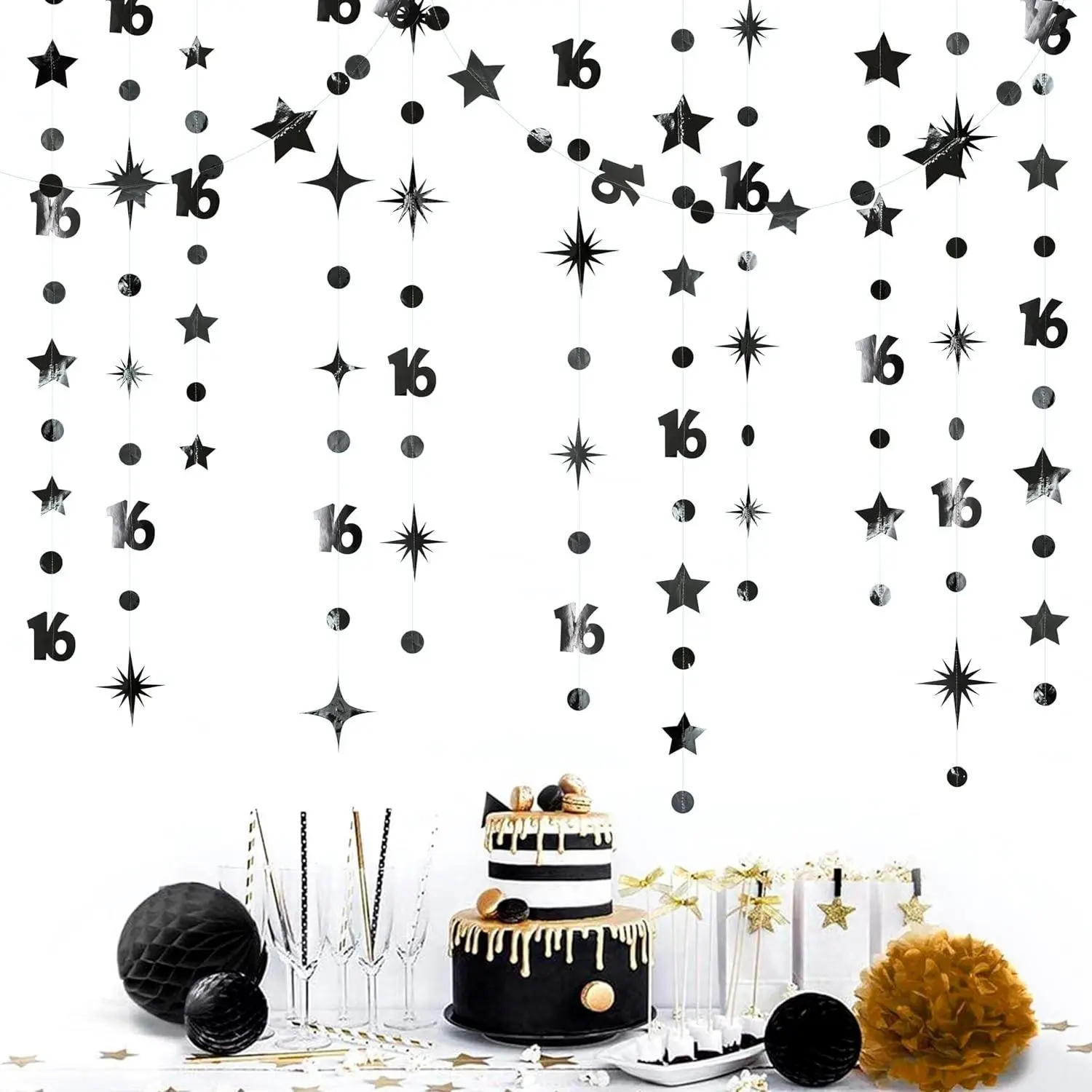 Black Number 16 Circle Dot Twinkle Star Garland Metallic Streamer Bunting Banner Backdrop Decorations for Girls Sweet 16 Birthday Party Supplies, Cheers to 16 Years AnniversaryGift