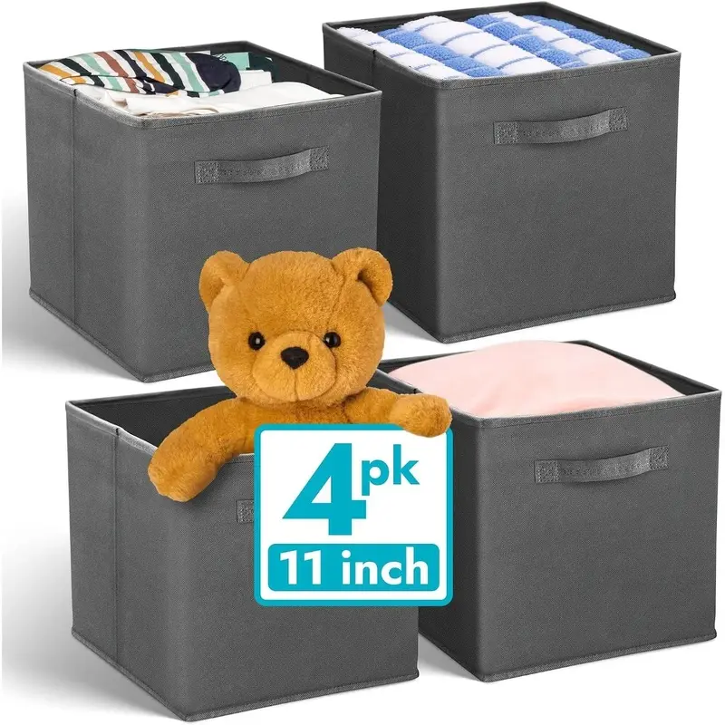 Storage Cubes Dark Gray Fabric 11x11, Collapsible Cube Bins Organizer 4 Pack for Closet & Shelf Organization, Foldable Storage Baskets for Bedroom, Dorm, Home, Space-Saving Clothes Toy Storage