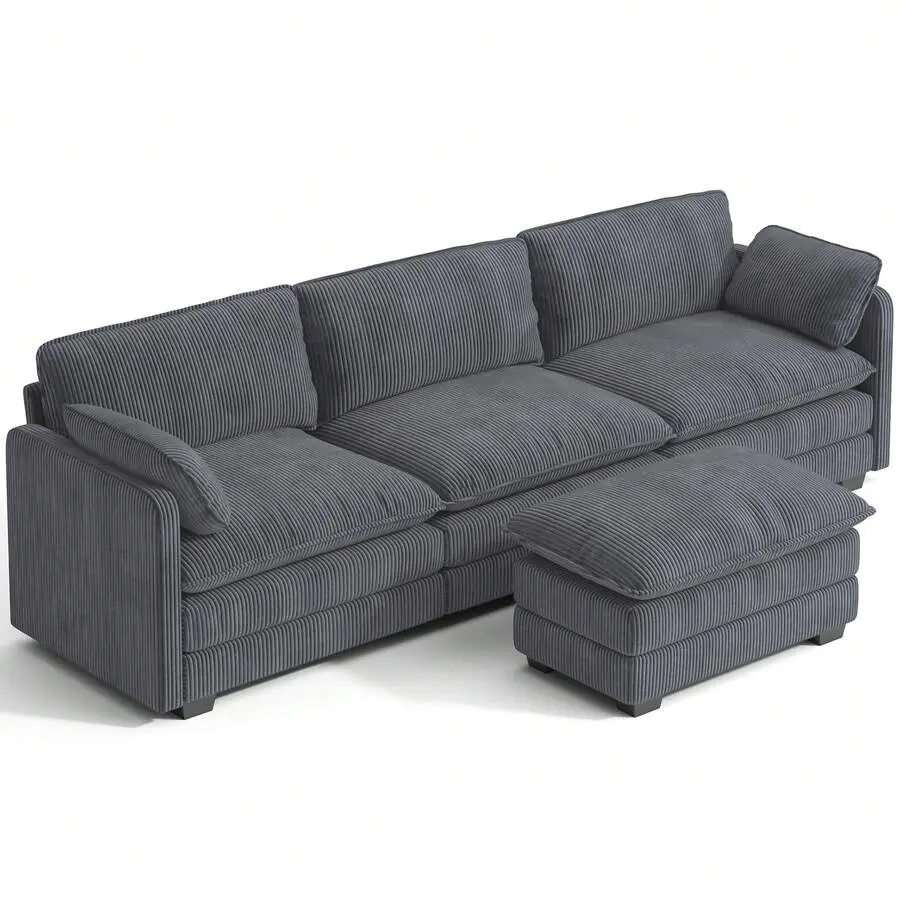 110'' Modular Cloud Couch With Moveable Ottoman, Sectional Couch Cloud Sleeper Sofa With Double Seat Cushion 3 Seater Couches With 2 Pillows Living Room Bedroom And Apartment, Pet-Friendly, Beige