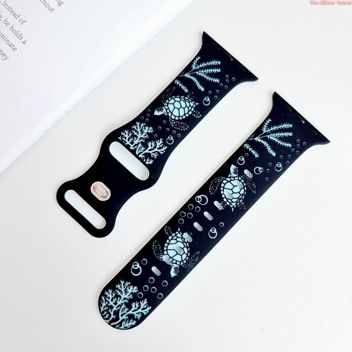 Ocean Sea Turtle Coral Silicone Strap for Apple Watch Ultra Series 1-11 SE, Black Base Aquatic Animal Printed Sport Watch Band, Adjustable Lightweight Summer Beach Wrist Accessory