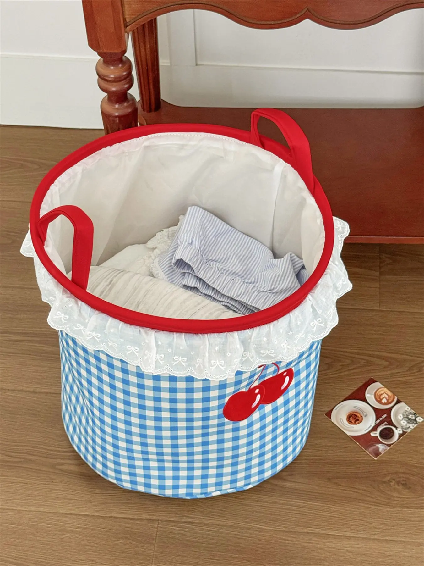 Blue White Gingham Laundry Basket with Lace Trim, Cherry Pattern Foldable Fabric Storage Bin with Dual Carry Handles for Bedroom Home Organizer, Laundry Hamper