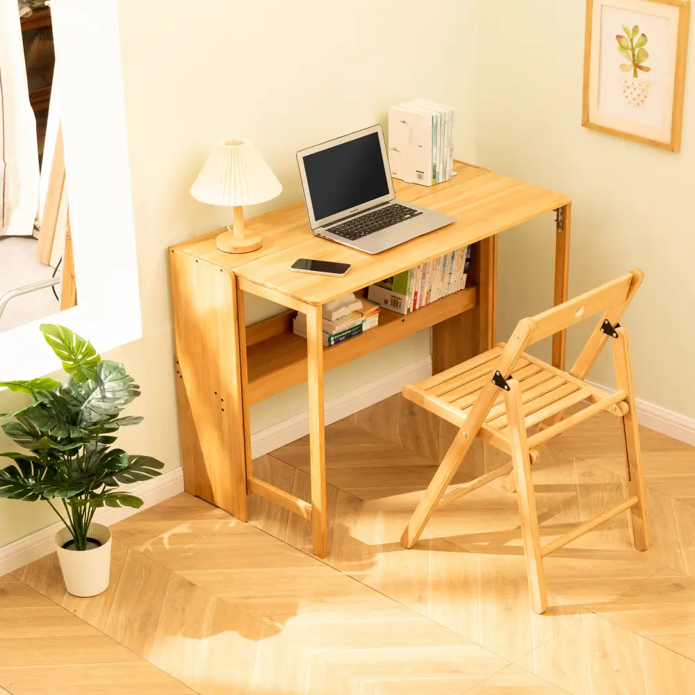 Littleox Bamboo Folding Desk, Space-Saving Computer Desk for Small Spaces, Foldable Study Table for Bedroom, Home Office, Dorm, Apartment, Natural Color
