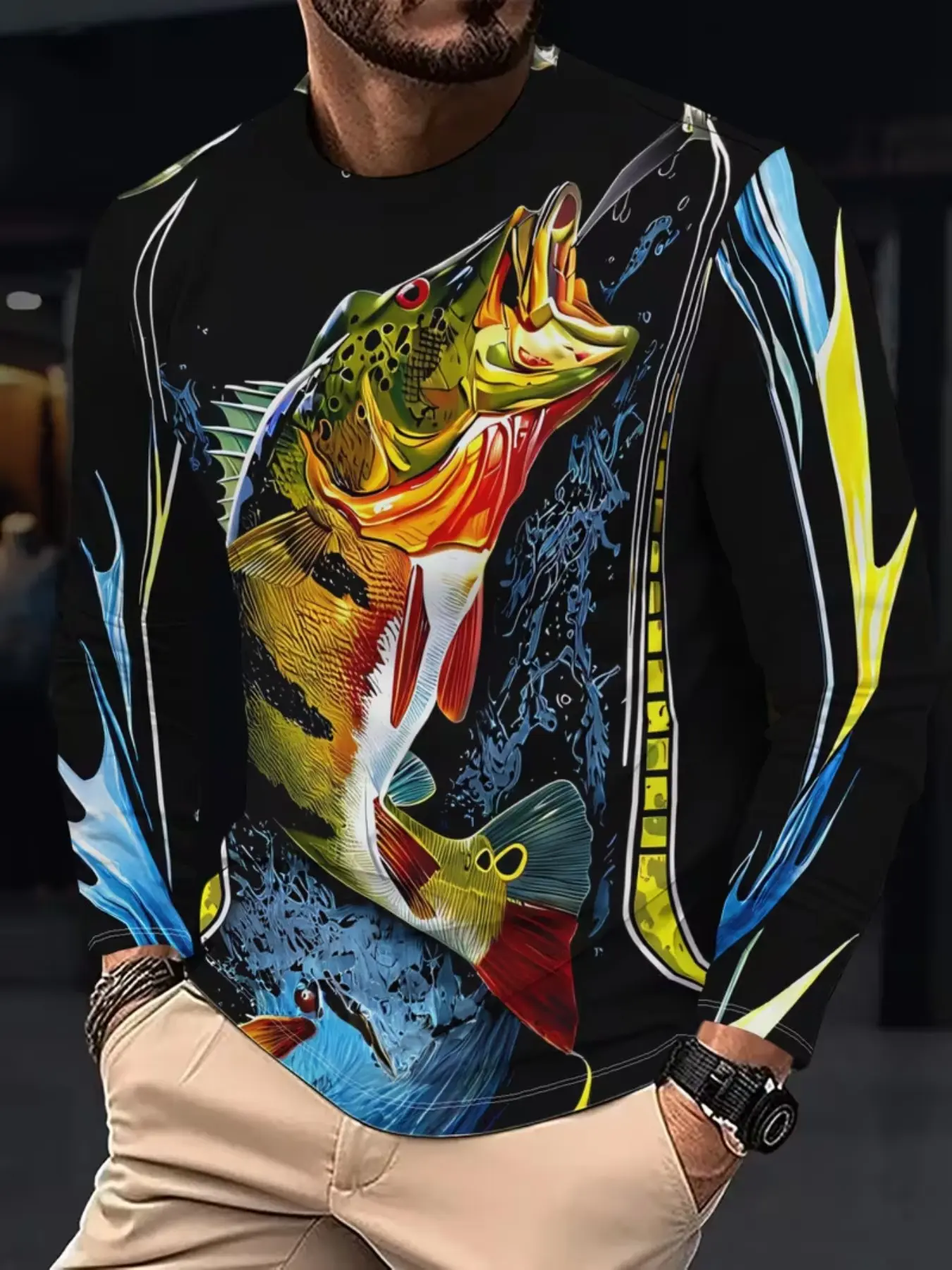3D Men's Ocean Pattern Printed Long Sleeve Shirt, All-Over Fish Print Dark Blue Style, Outdoor Fishing Clothing, Fishing Gear