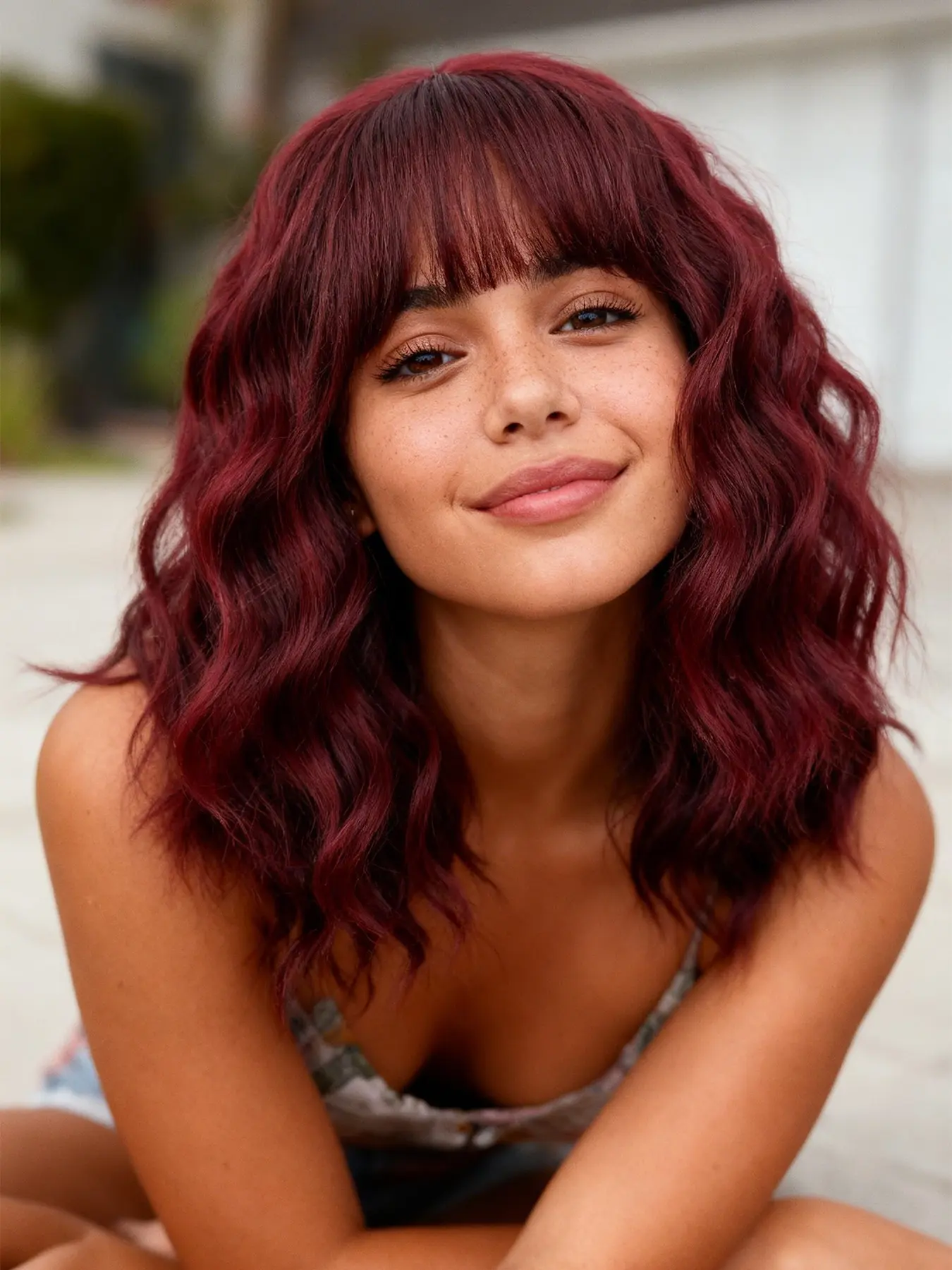 14 Inch Burgundy Wine Red Water Wave Bob Wig With Bangs, Natural Fluffy High Quality Synthetic Hair Wigs For Women, Easy Wear Glueless Daily Fashion Wig, Wavy Wig