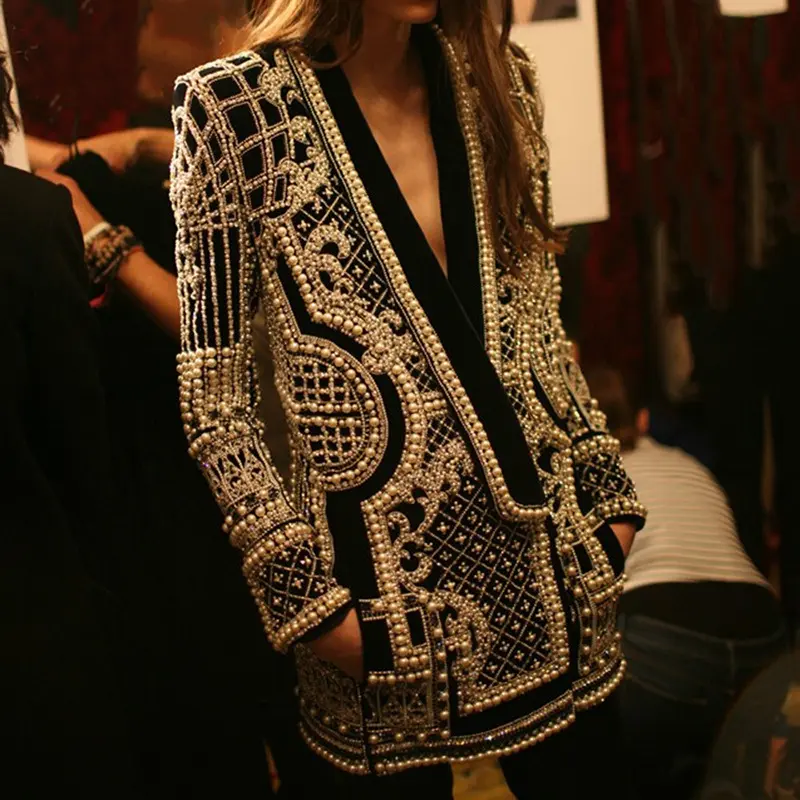 Women's Beaded Fabric Retro Casual Blazer, 2026 Ocean-Style Spring Heavy-Craft Longsleeve V-Neck Luxury Elegant Jacket, Women's Clothes, Longsleeves, Regular
