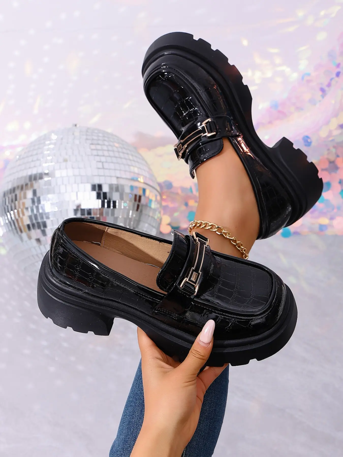 Mirror Finish Chunky Heel Platform Shoes, Vintage Plaid Metal Buckle, Office Height Boosting Women's Oxfords, Comfortable & Stylish