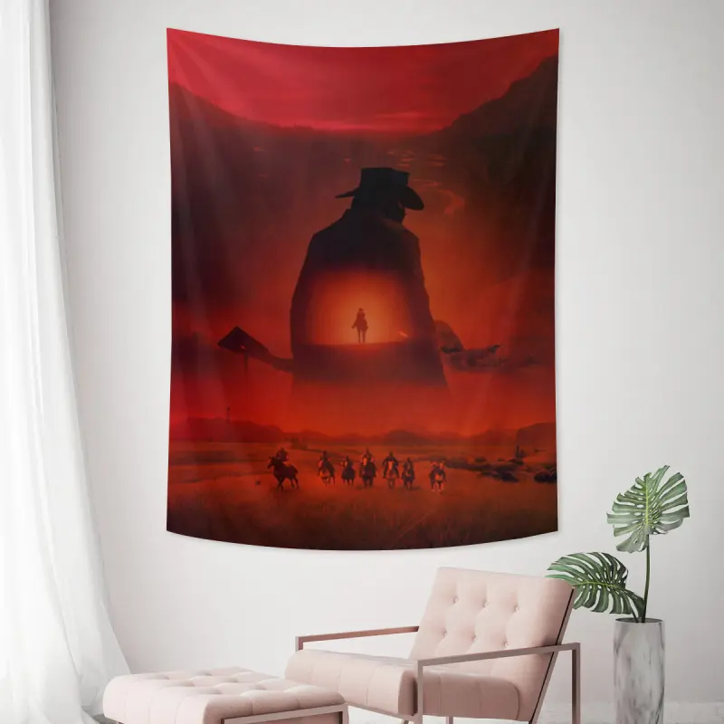 Red Dead Redemption game Art Tapestry - Western Cowboy Riding Silhouette Red Sunset Landscape Poster Wall Hanging, Wild West Outlaw Horseback Fabric Banner, Vintage Game Room Decor for Boy