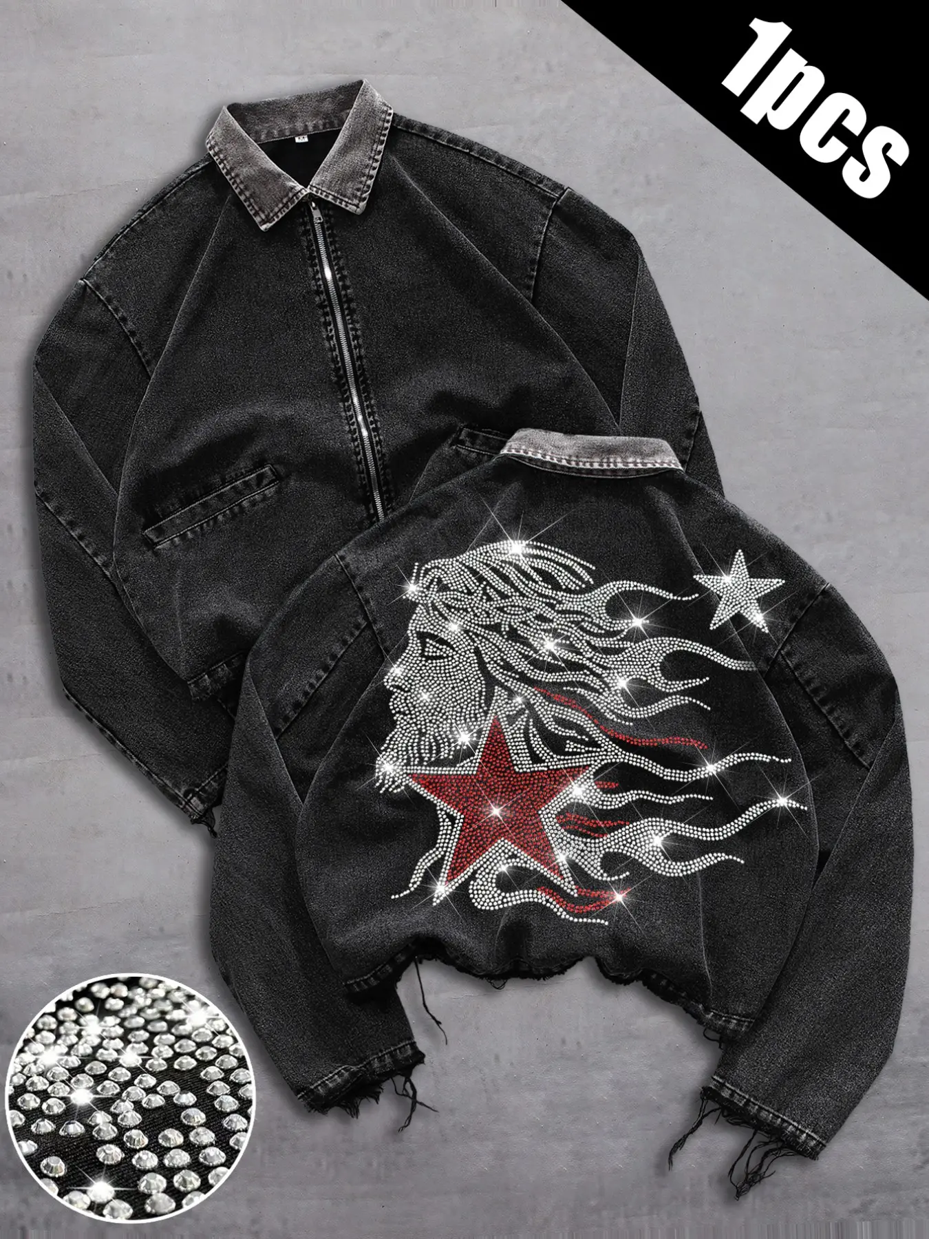 Men's Long Sleeve Street Style Lapel Zipper Jacket, Distressed Washed Short Denim Coat, Back Rhinestone Jesus Star Flame Pocket Punk Jacket