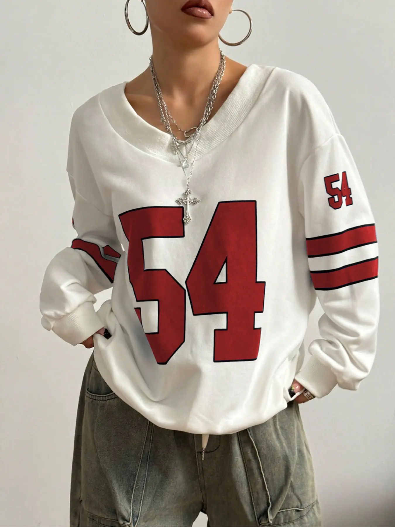 Plus Size Women's V Neck Pullover Sweatshirt, Fashion Digital Print Design, Loose Fit, Casual Outdoor & Sports, Spring & Fall Long Sleeve Top
