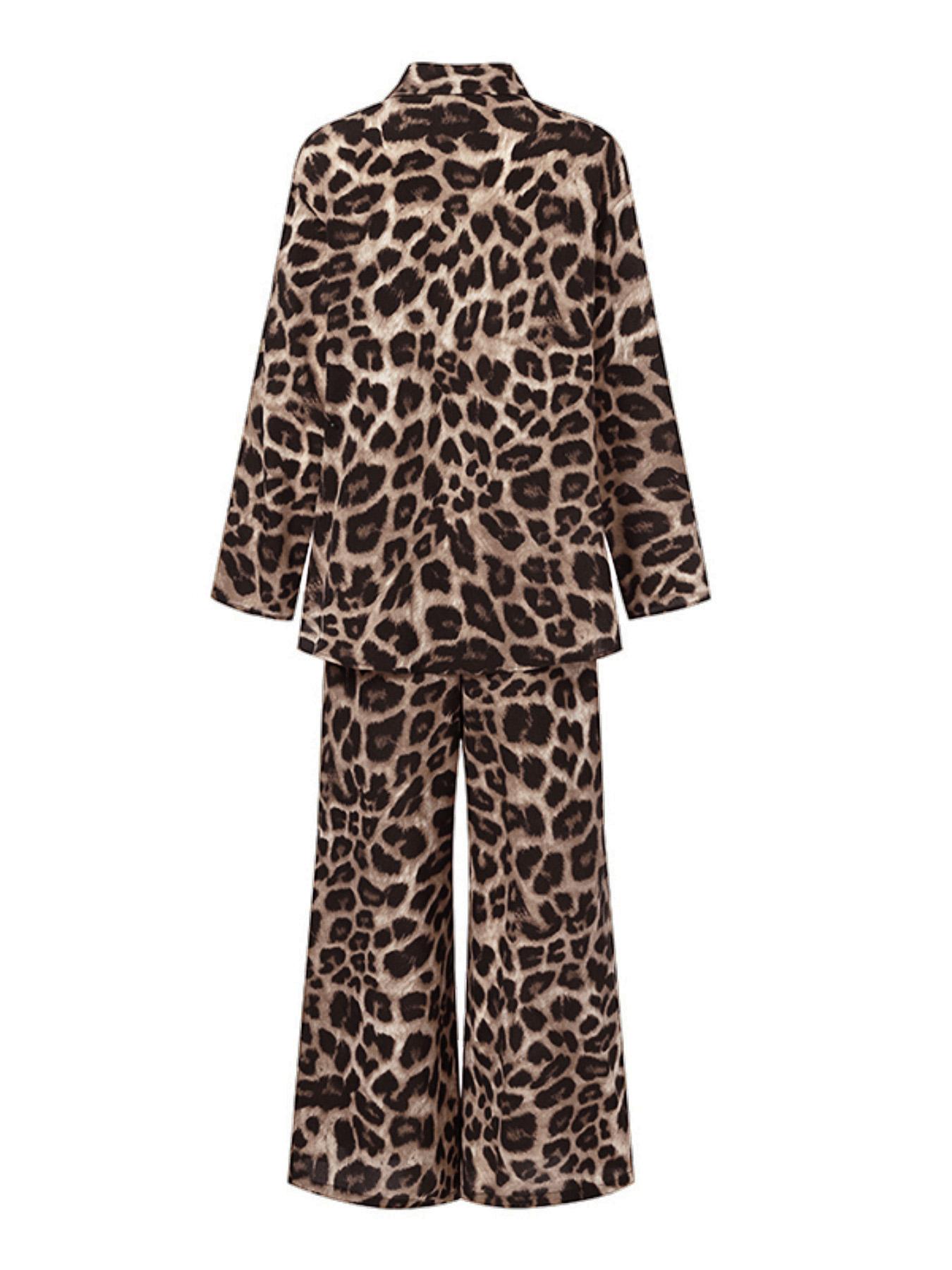 Two-piece Set Women's Leopard Print Button Front Shirt & Elastic Waist Wide Leg Pants, Casual Long Sleeve Pocket Collared Top & Tie Front Trousers for Daily Wear, Ladies Fall & Winter Clothes, Flared Pants Set