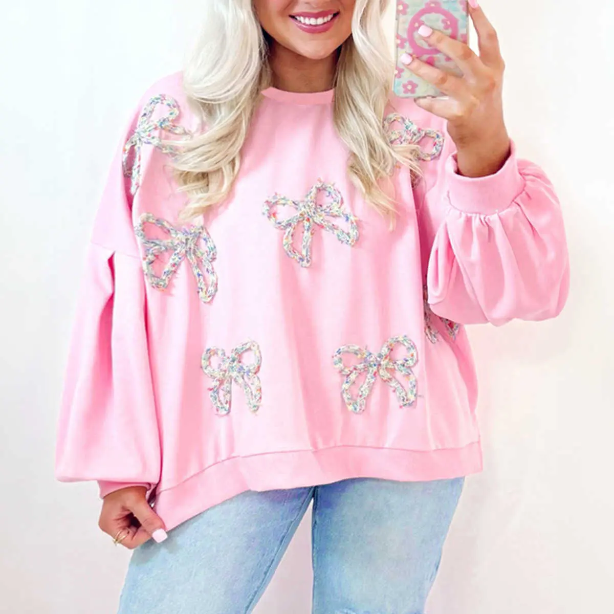 Women's Casual Chic Feminine Light Pink Embroidered Bow Lantern-Sleeve Oversized Pullover Sweatshirt, Ideal for Pairing with Jeans & Denim, Fit, Long Sleeve, Hoodie, Piece, Tops, Shorts