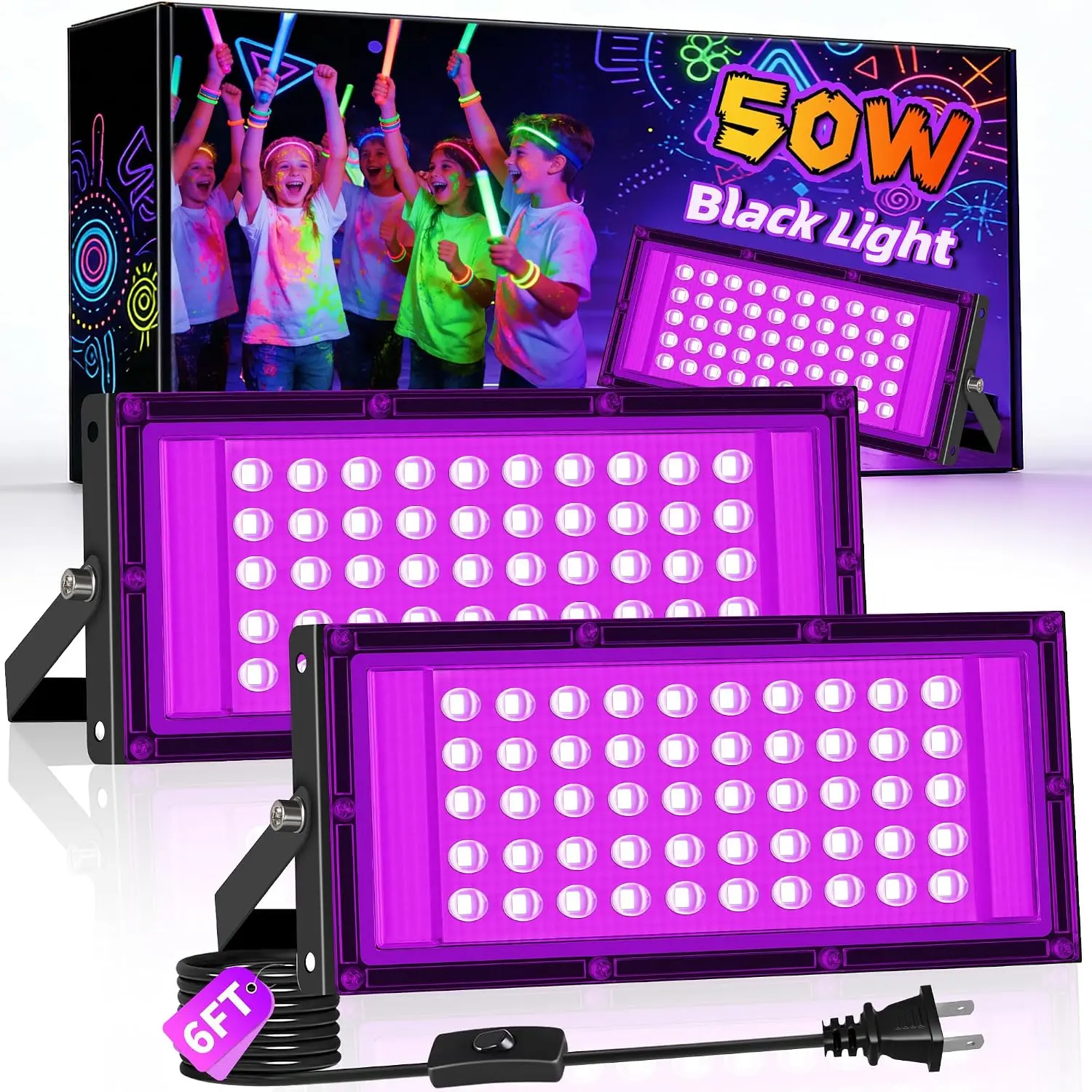 50W LED Black Light, IP66  Halloween Lights for Glow Party 2 Pack | Blacklight Flood Light, with Plug+ 6ft Cord, for Neon Parties,  , Fluorescent Tapestry Poster,  Yard, Stage