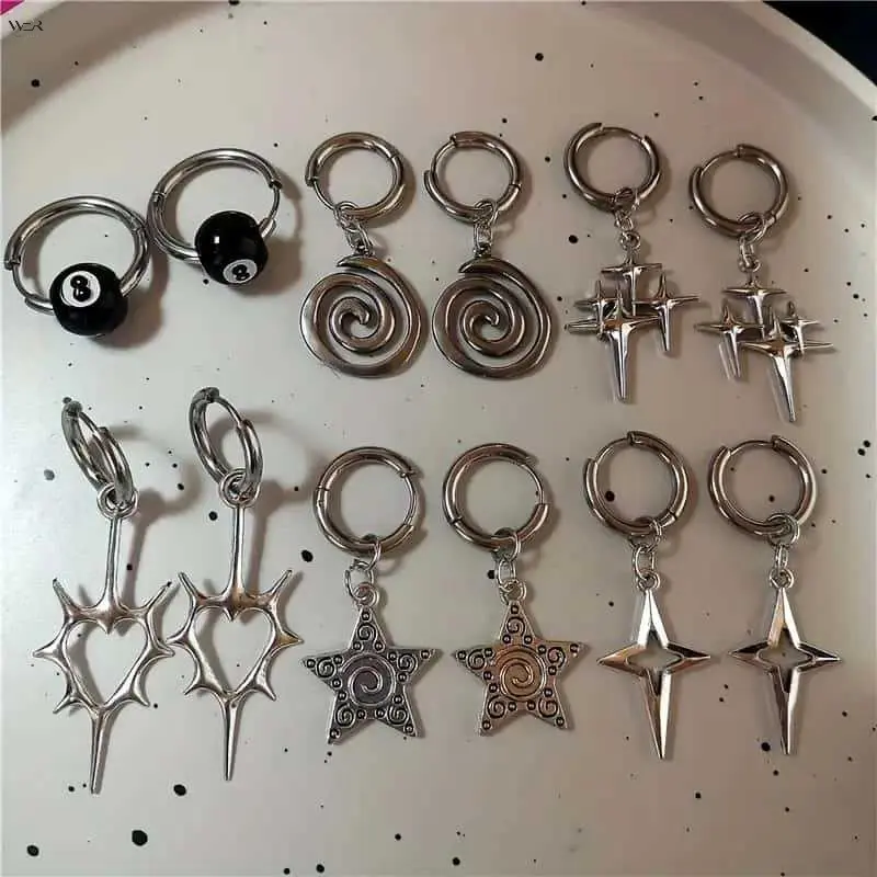 6 Pairs Y2K Punk Huggie Hoop Earrings Set Silver Tone 8 Ball Swirl Spike Heart Star Charms Edgy Grunge Multi-style Dangle Ear Jewelry Daily Street Fashion Unisex Ear Piercing Gift,Acrylic,Personalized