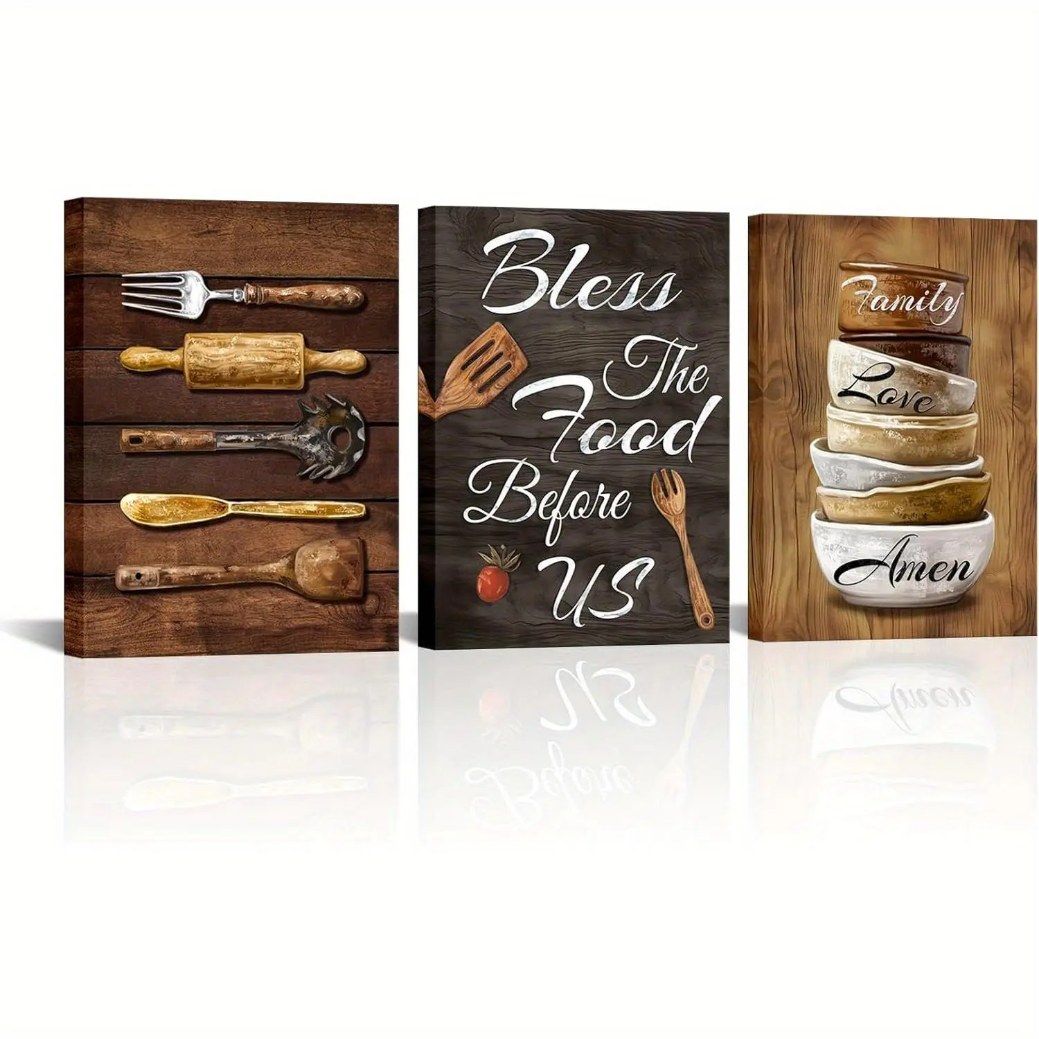 2D plane, three-piece set < Prayer for food on the table >   canvas wall art--farmhouse kitchen wall decoration, rustic dining room artwork, vintage pastoral style framed painting, ready-to-hang home decor for living room and dining area, Christma