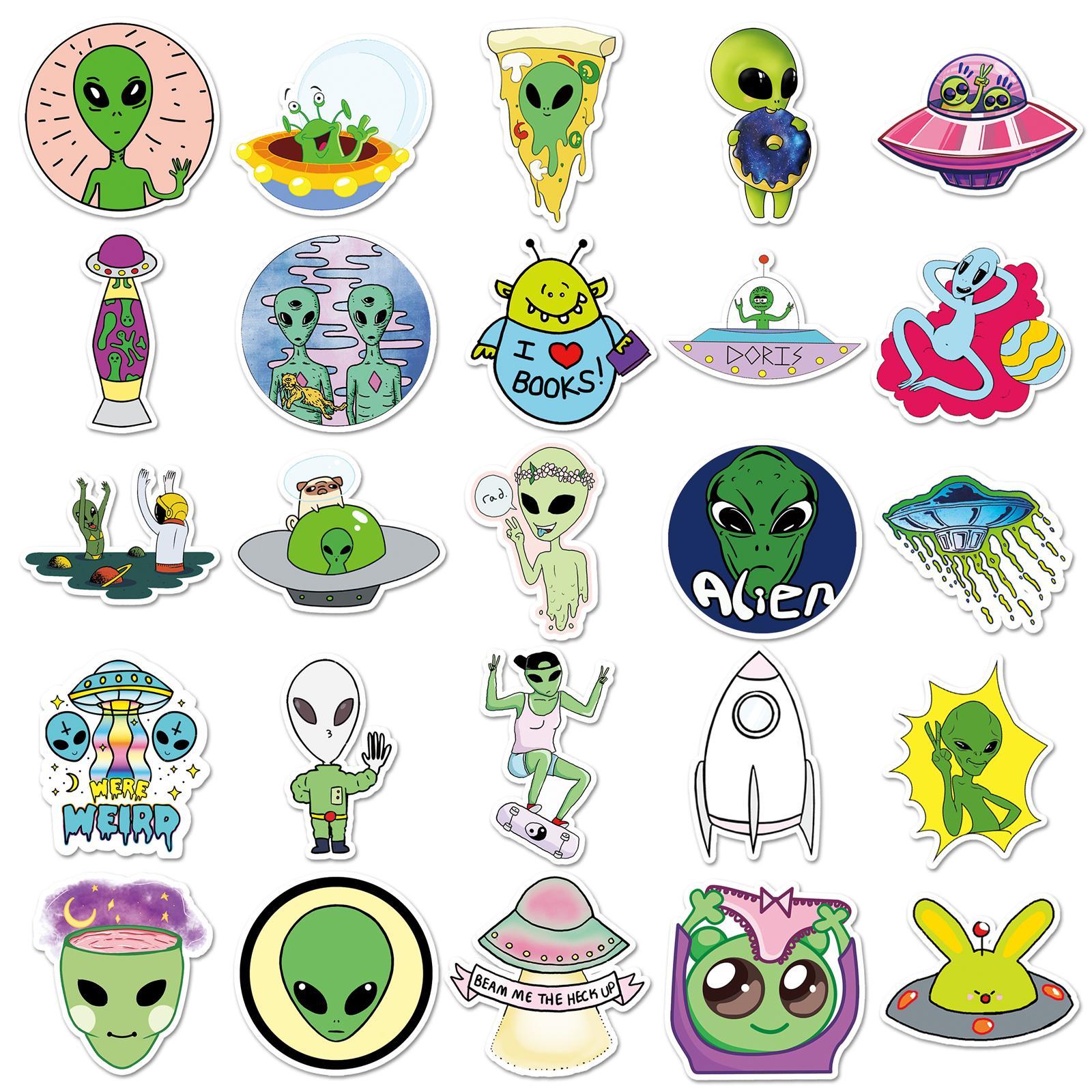 Alien Pattern Sticker, 50pcs/set Cute Cartoon Sticker, Decorative Sticker for Scrapbooking, Journaling, Gift Wrapping, Funny Stickers