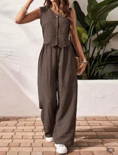 Women's 2 Piece Vest and Pants Set, Casual Button Down Waistcoat and Wide Leg Pants Matching Outfit Women's 2 Piece Vest and Pants Set, Casual Button Down Waistcoat and Wide Leg Pants Matching Outfit