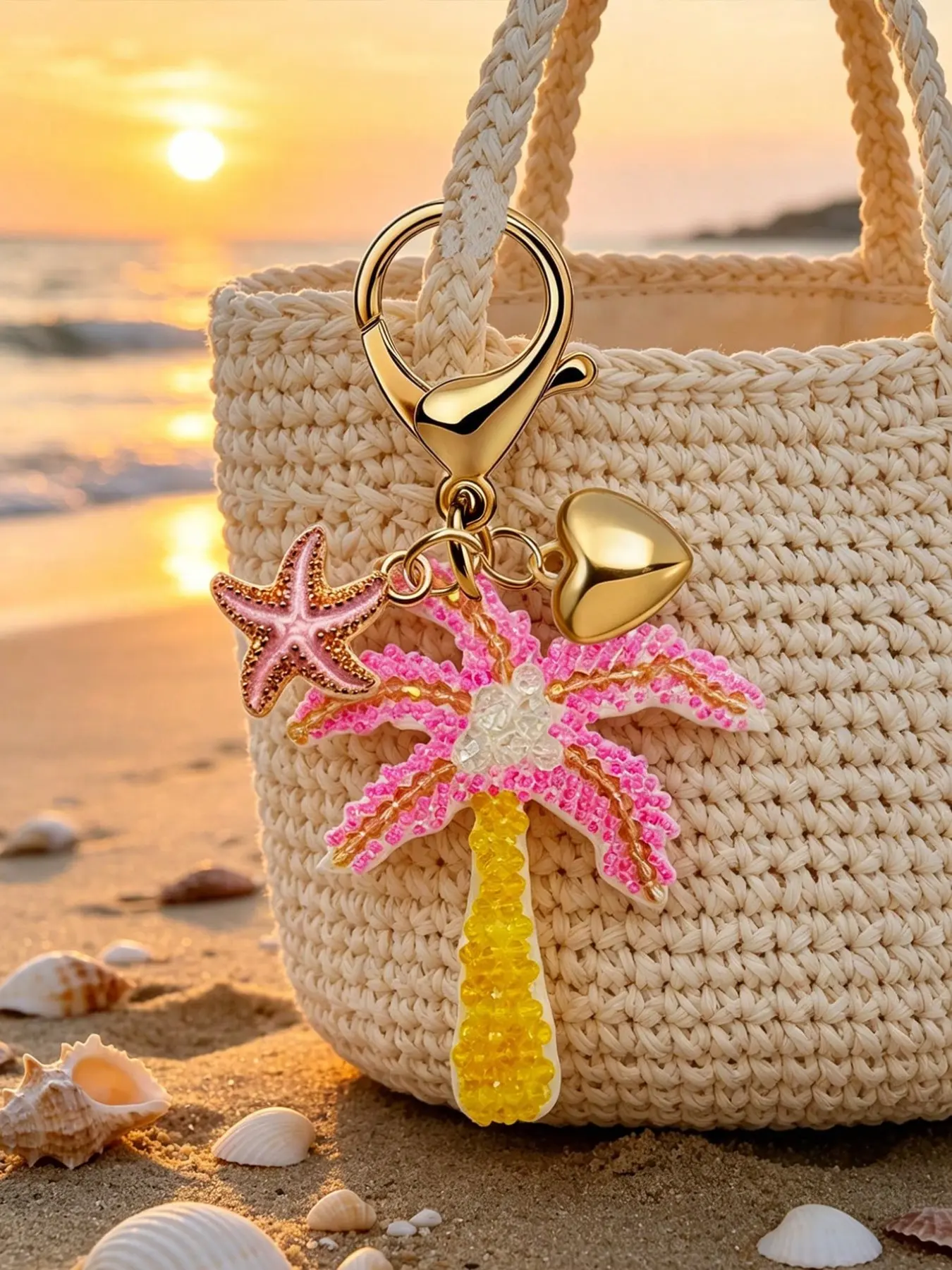 Summer Bohemian Pendant, Coconut Tree with Shell & Starfish, Handmade Beaded Alloy Ocean Charm, Hawaiian Style for Bag, Car & Earphone Case Decor