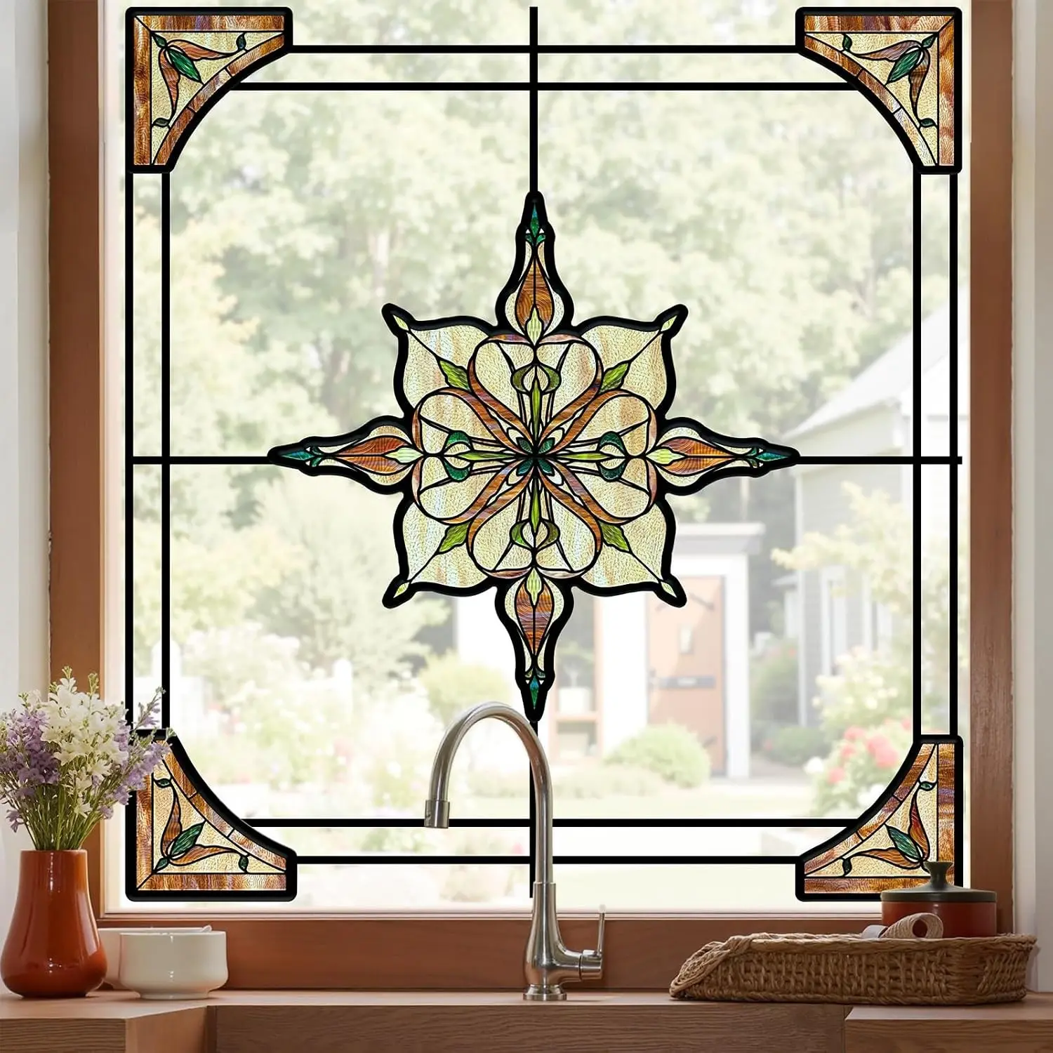 Stained Glass Window Film Decorative, 11.8" x 15.7" | Colorful Static Clings, Removable DIY Window Stickers Decals for Home School Office Party Supplies, Amber Starry LightGift