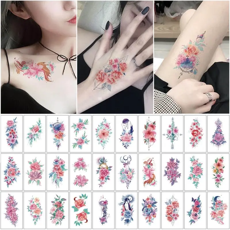 30Pcs Small Fresh Colorful Flower Fake Tattoos for Women, Waterproof Long Lasting Realistic Stickers for Arm Collarbone, Ideal for Scar Covering