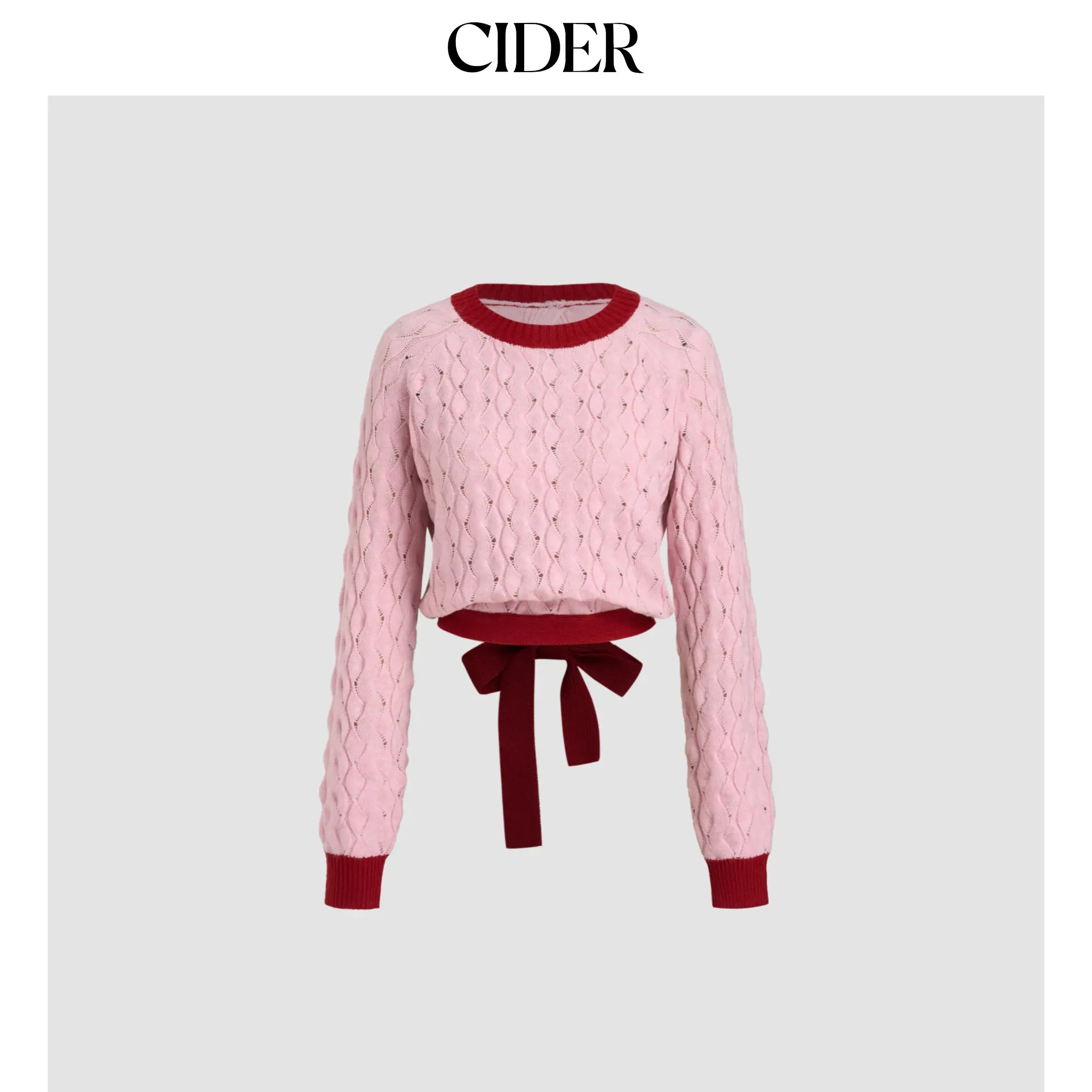 Women's Cider Wool-Blend Knit Top, Size 2-10, Round Neckline, Contrasting Binding, Knotted Hollow Out, Button Detail, Long Sleeves