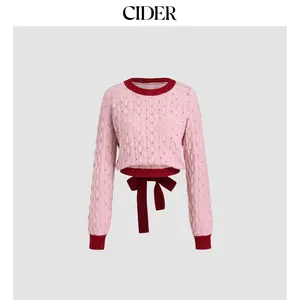 Women's Cider Wool-Blend Knit Top, Size 2-10, Round Neckline, Contrasting Binding, Knotted Hollow Out, Button Detail, Long Sleeves