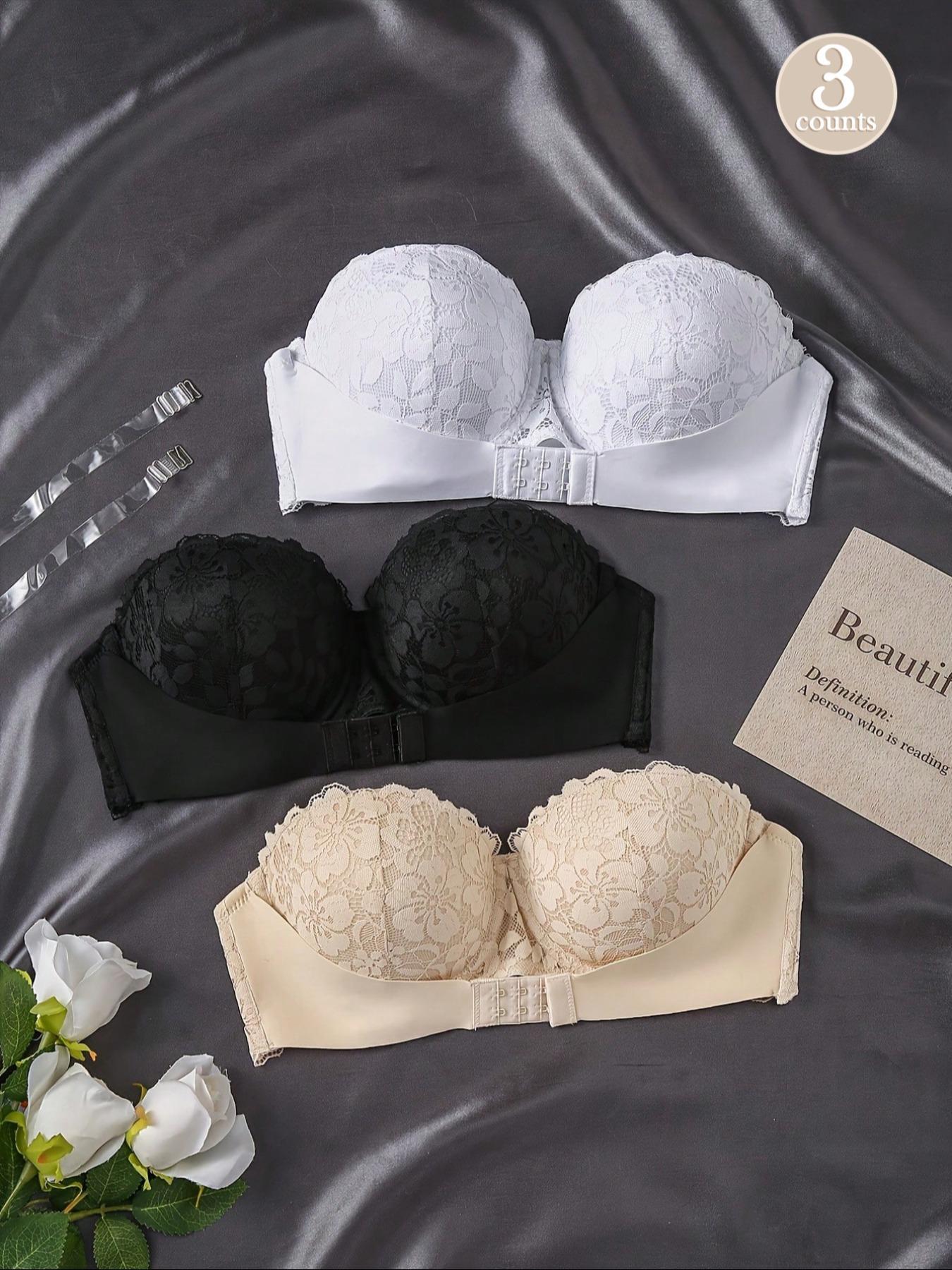 Women's Contrast Floral Lace Push-Up Strapless Bra, New Style Sexy Invisible Front-Buckle Bra, Women's Lingerie for All Seasons