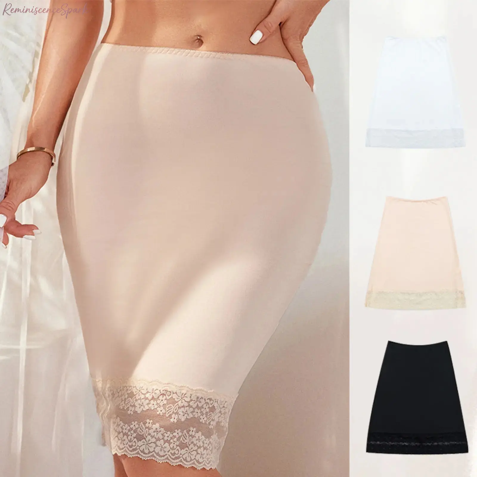 Women's Basic Summer Knee‑Length Half‑Slip Underskirt, Anti‑See‑Through Lace‑Paneled Skirt with Built‑In Safety Shorts Liner, Inclusive‑Sizing Modest Layering Garment, Ideal for Daily Outfits and Summer Modest Wear