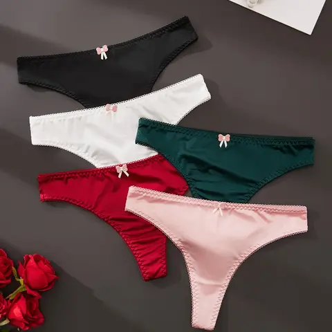 5-Pack Summer Sexy Thongs for Women, Comfy Breathable Panties, Multi-Color Set with Bow Design, Soft Breathable Fabric, Perfect for Daily Wear and Dates