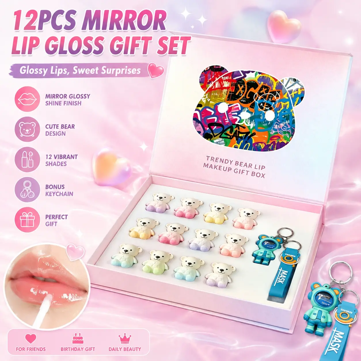 Cartoon bear lip gloss box with 12 glossy lip products, lip set. Gradient cute look, non-sticky mirror finish. Equipped with keychain, great for personal use and birthday gifting.