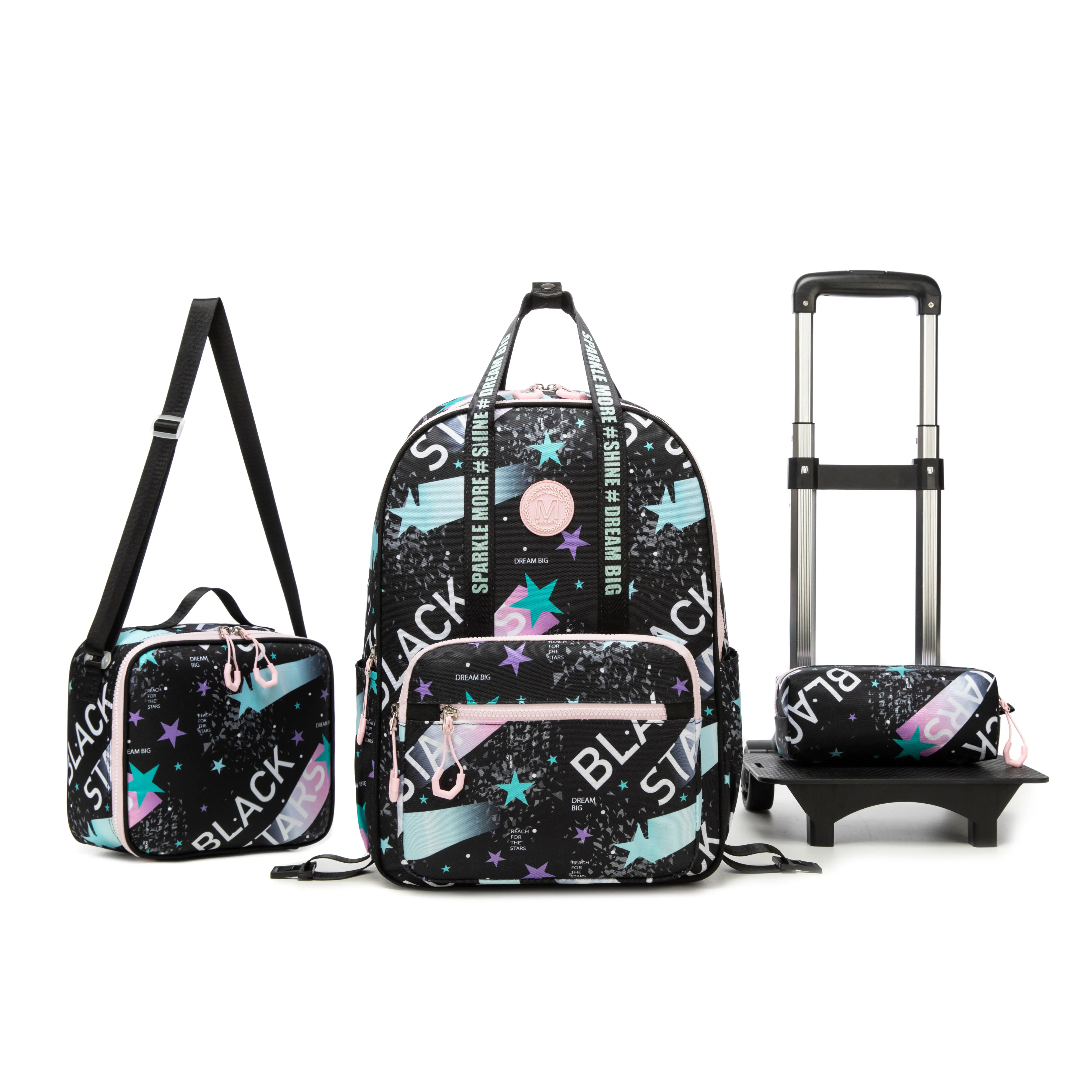 3-Piece Girls Black Stars Rolling Backpack Set with Wheels | Cool Aesthetic Galaxy Schoolbag with Insulated Lunch Box & Pencil Case | Trendy Trolley Bookbag for Kids & Teens